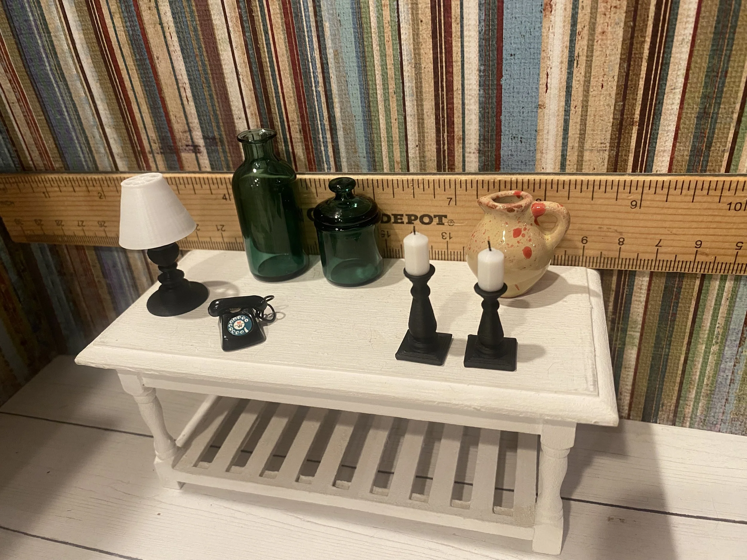 Miniature Black Lamp w/White Shade, Green Beach Glass Vases, Candles, Black Phone, Ceramic Jug, 1:12