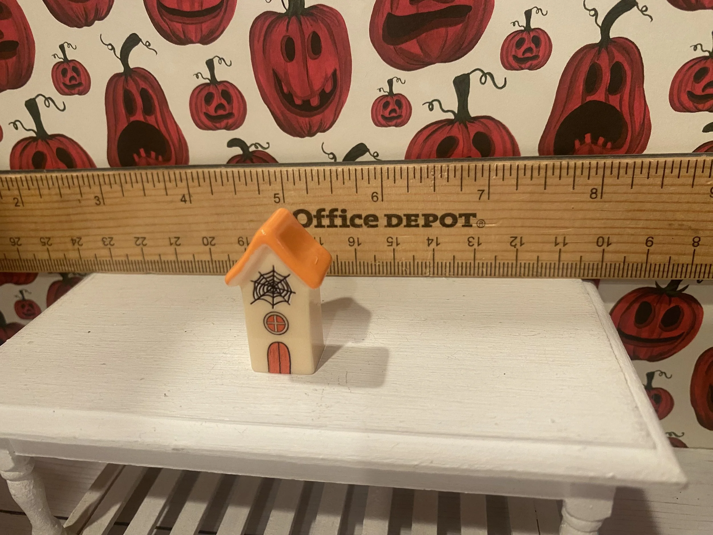 Miniature Halloween Cartoon House, Off White with Spider and Orange Roof, 1:12