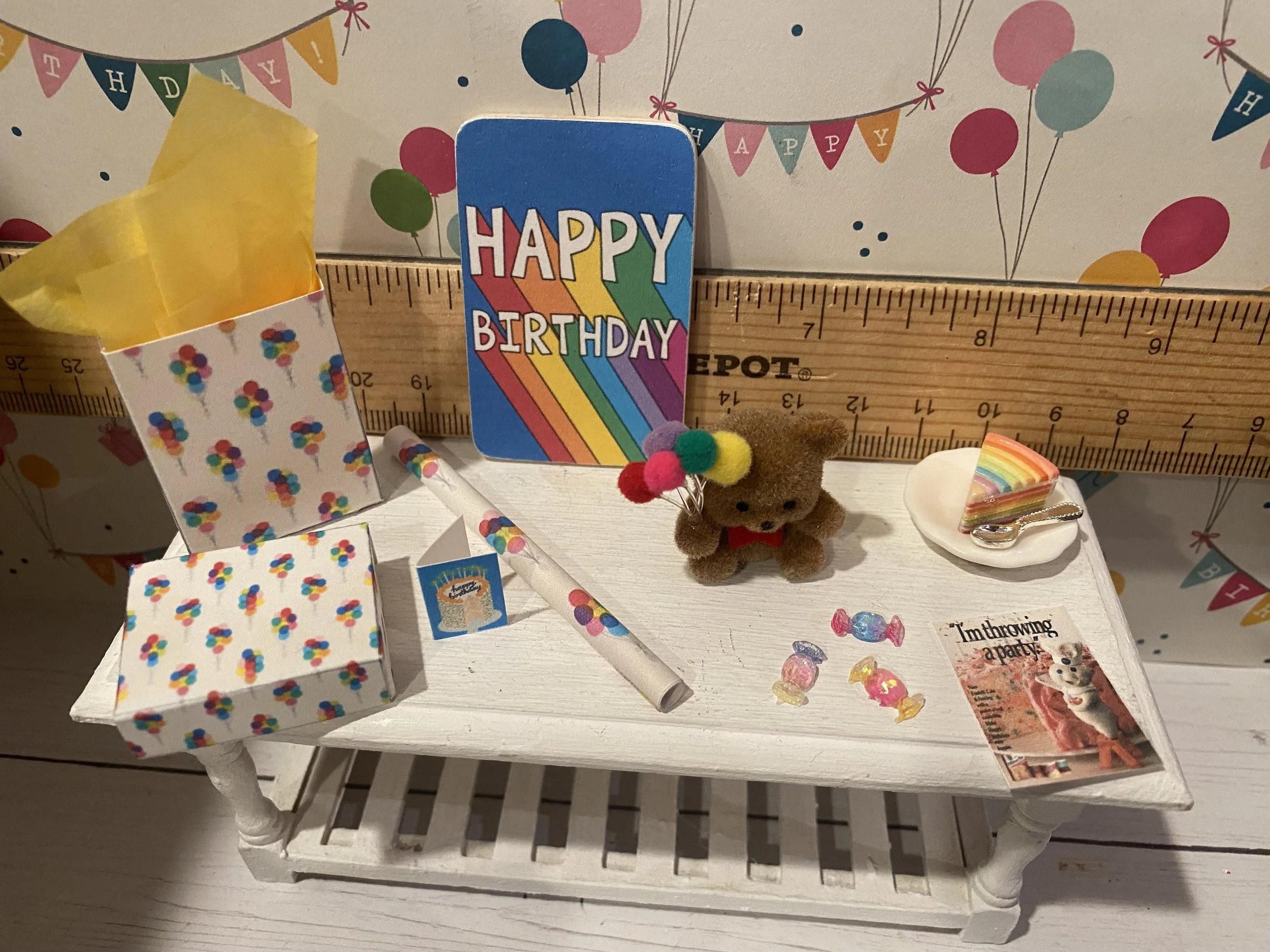 Miniature Birthday Bag, Wrap, Card, Teddy Bear w/Balloons, Slice Rainbow Cake, 1:12