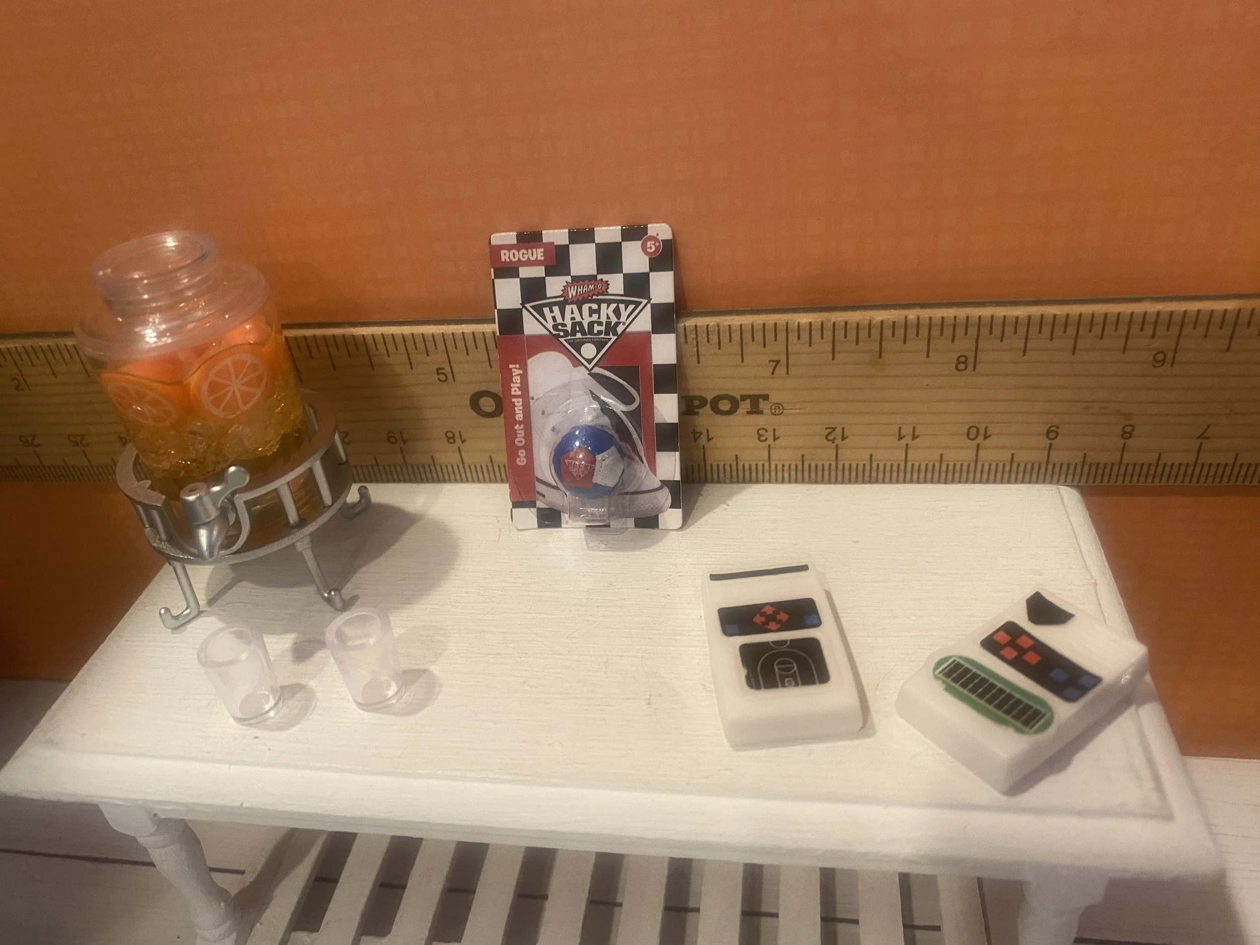 Miniature Juice Decanter, Glasses, Hacky Sack, Basketball and Football Handheld Games, 1:12