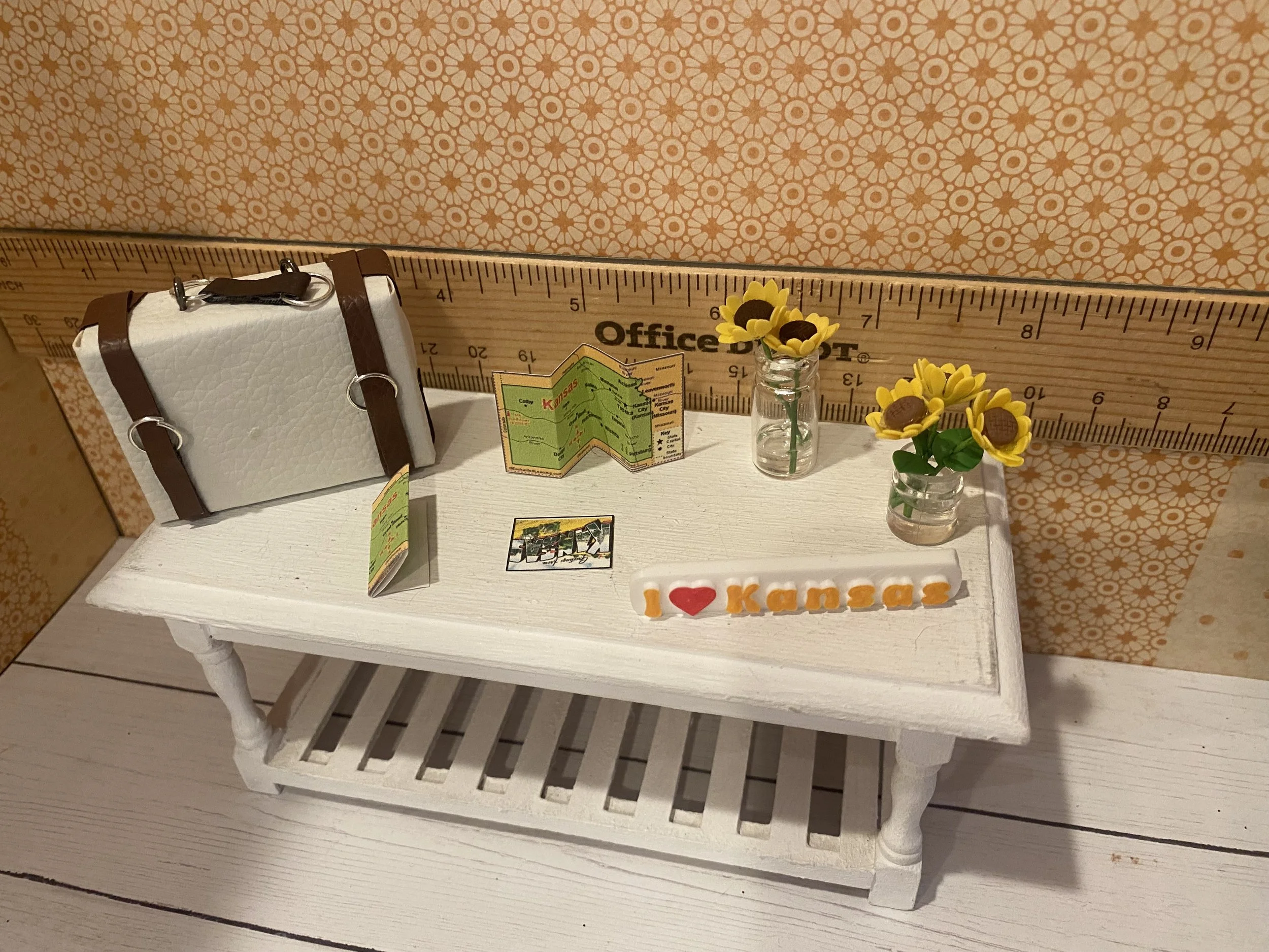 Miniature White Suitcase, Sunflowers, I Love Kansas Word, Kansas Map & Postcard, 1:12