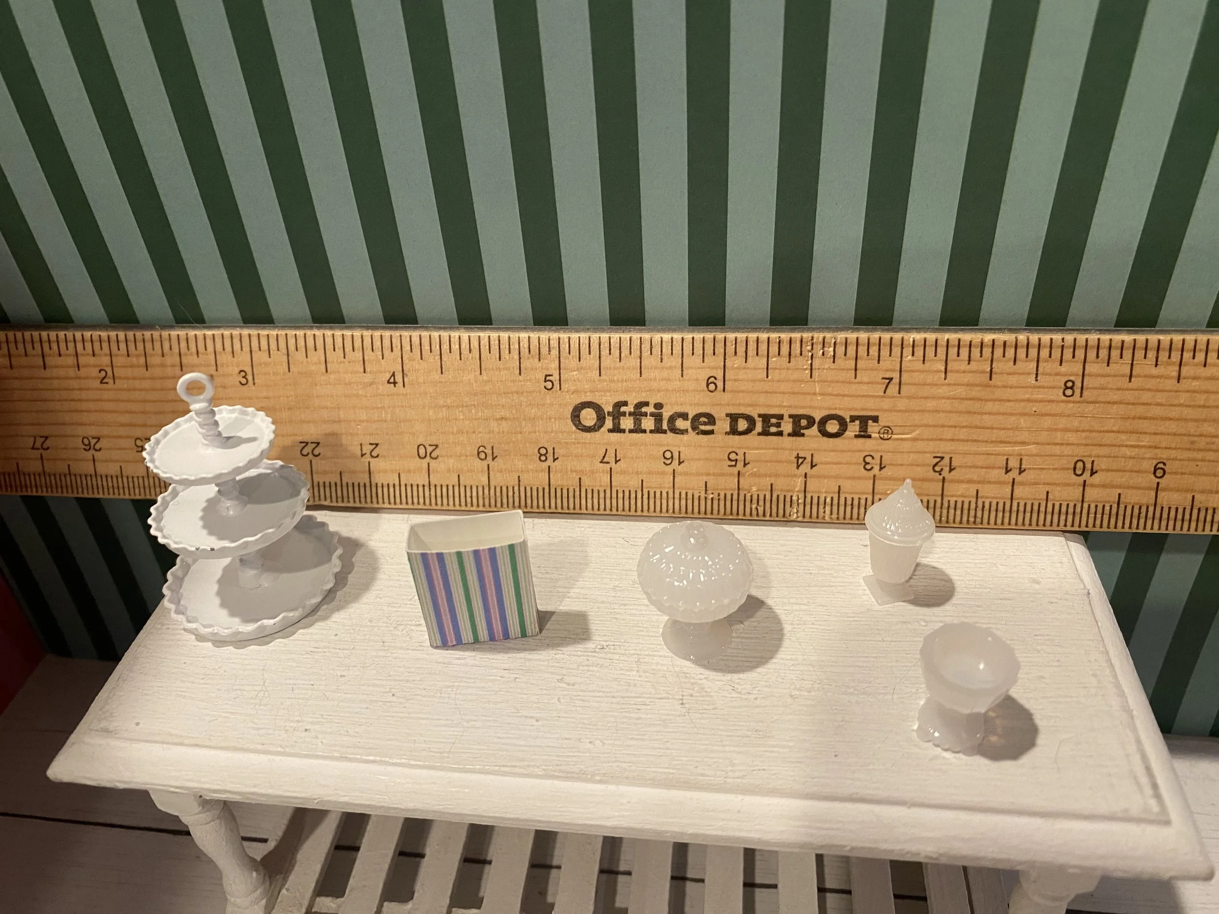 Miniature White Tiered Tray, White Candy Dishes, Striped Candy Bag, 1:12