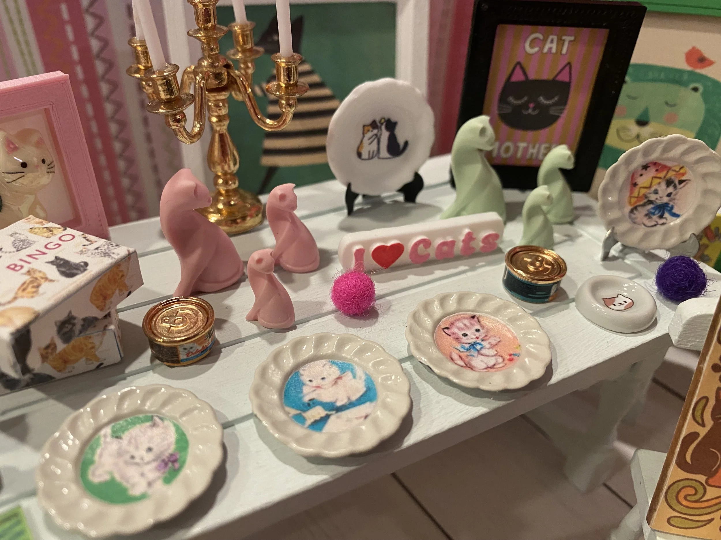 Miniature Fancy Cats, Dollhouse Cat Decor 1:12, Figures, Dishes, Cat Food, Art & Signs, Books, Cat Tower