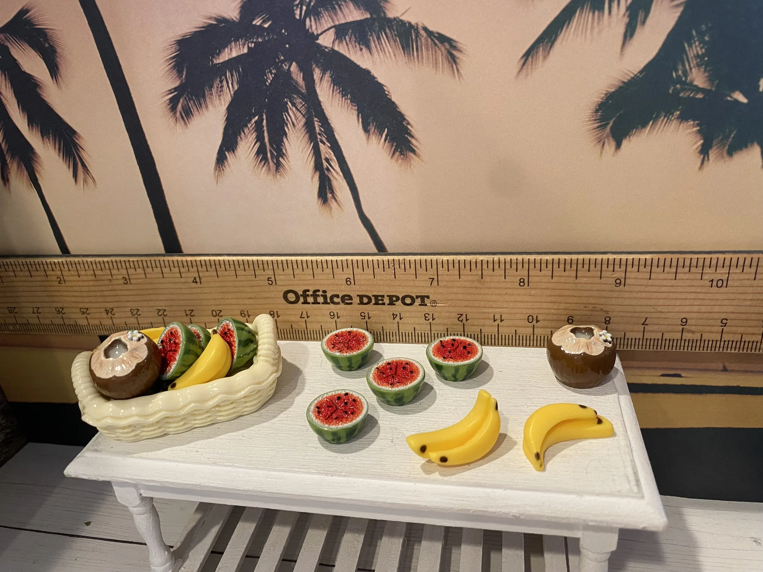 Miniature Tropical Fruit Basket, Coconut, Watermelon, Bananas, 1:12