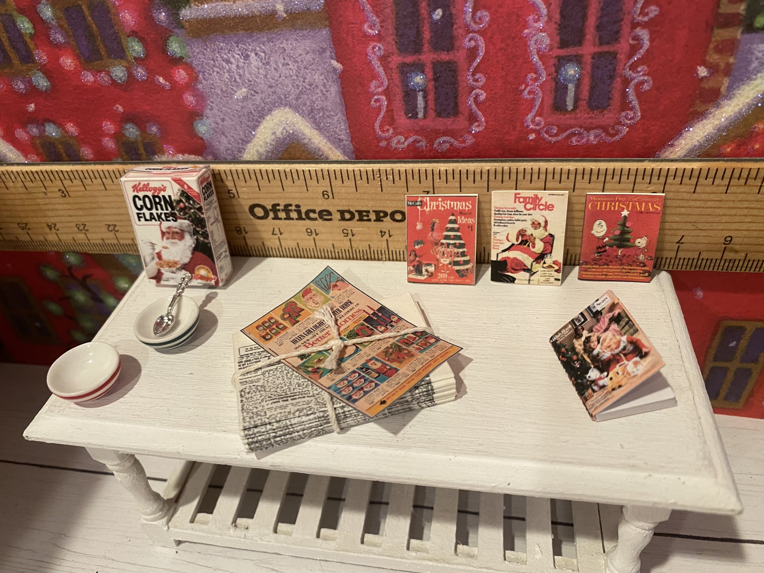 Miniature Christmas Corn Flakes Cereal Box, Red and Green Striped Bowls, Sears Wish Book, Newspaper with Christmas Better Home and Gardens Ad, Christmas Magazines, 1:12