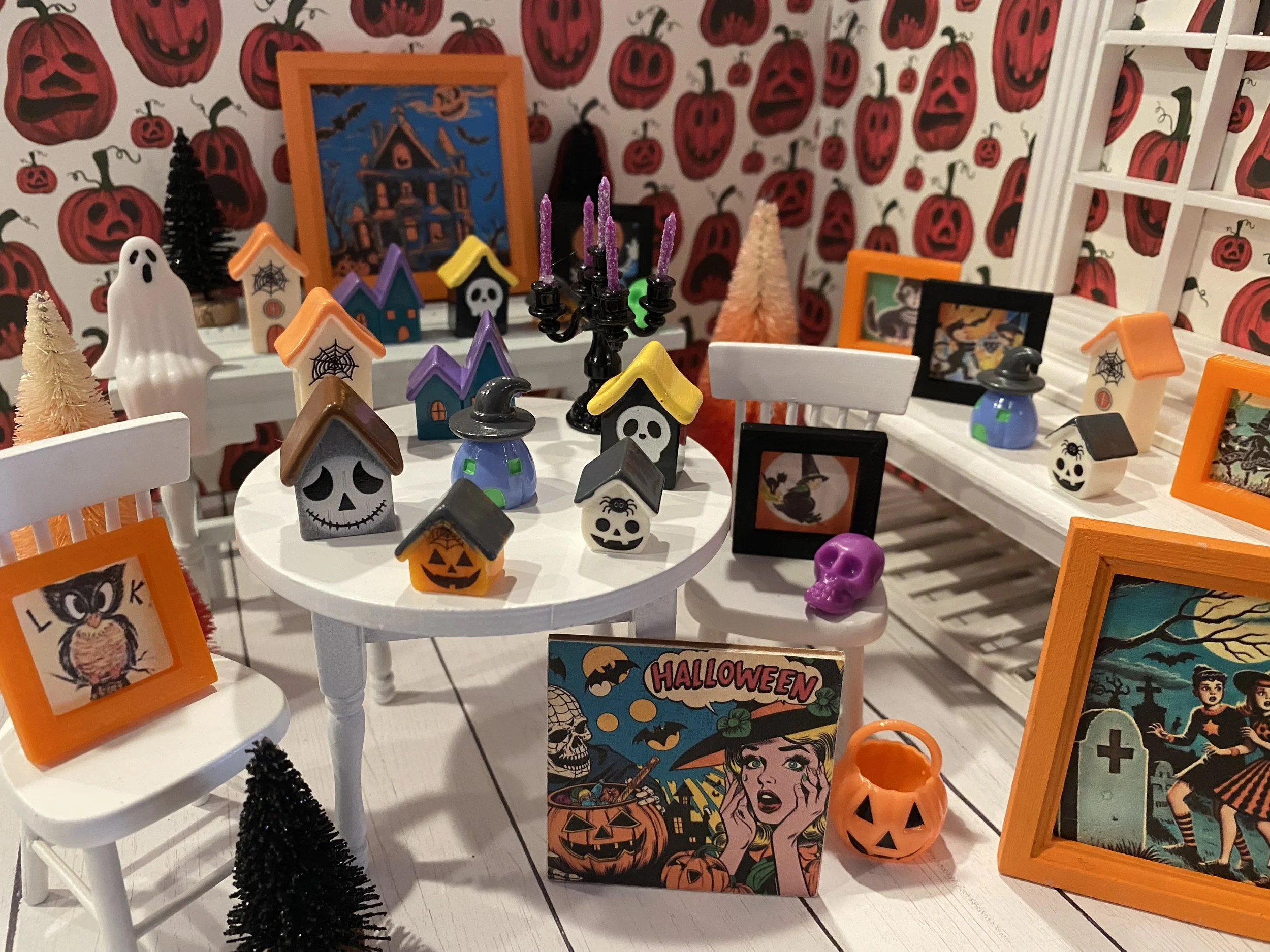 Miniature Halloween City, Spooky Cartoon Dollhouse Houses, Halloween Art, 1:12