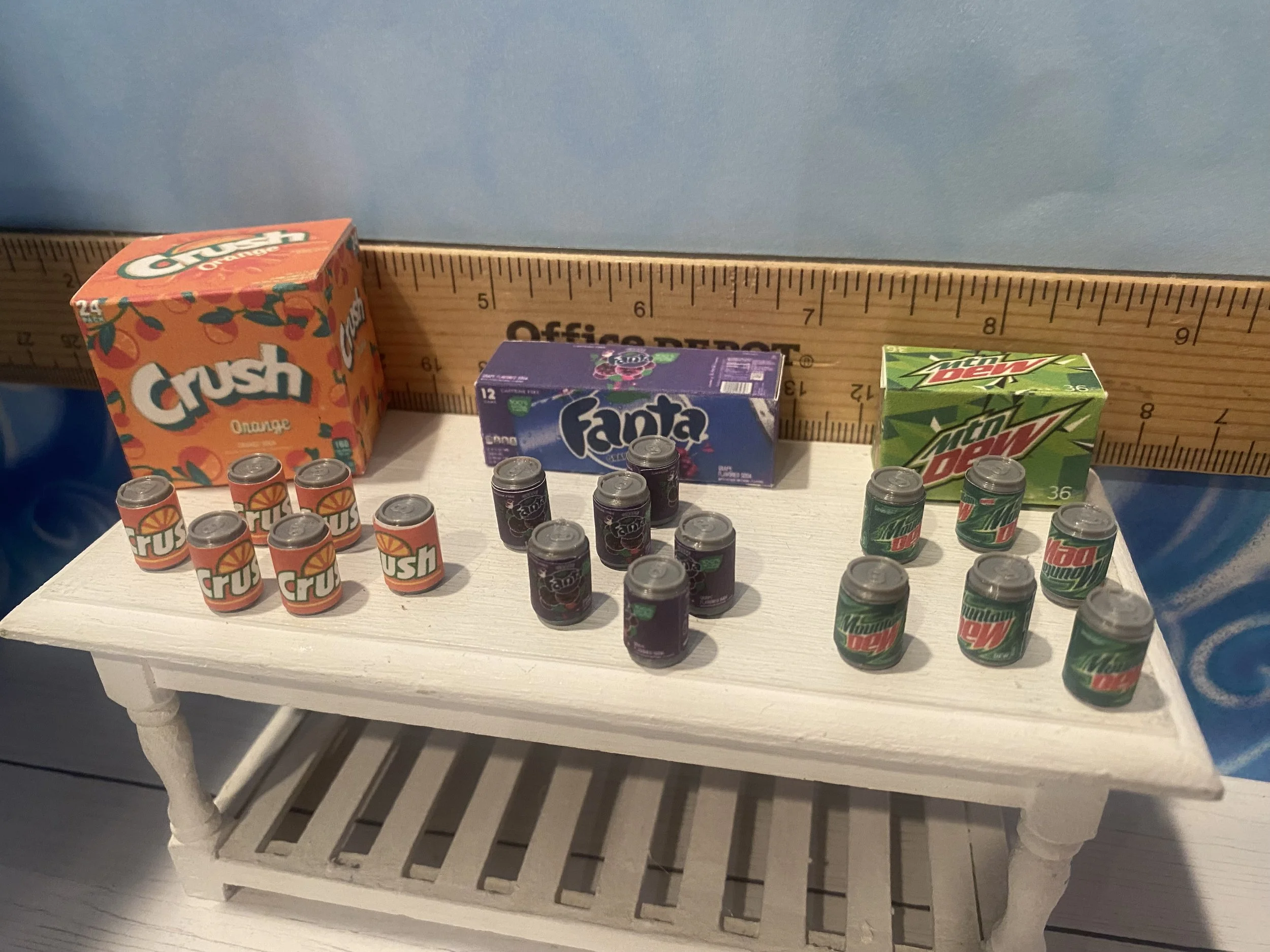 Miniature Boxes of Soda w/Cans, Orange Crush, Grape Fanta, Mountain Dew, 1:12