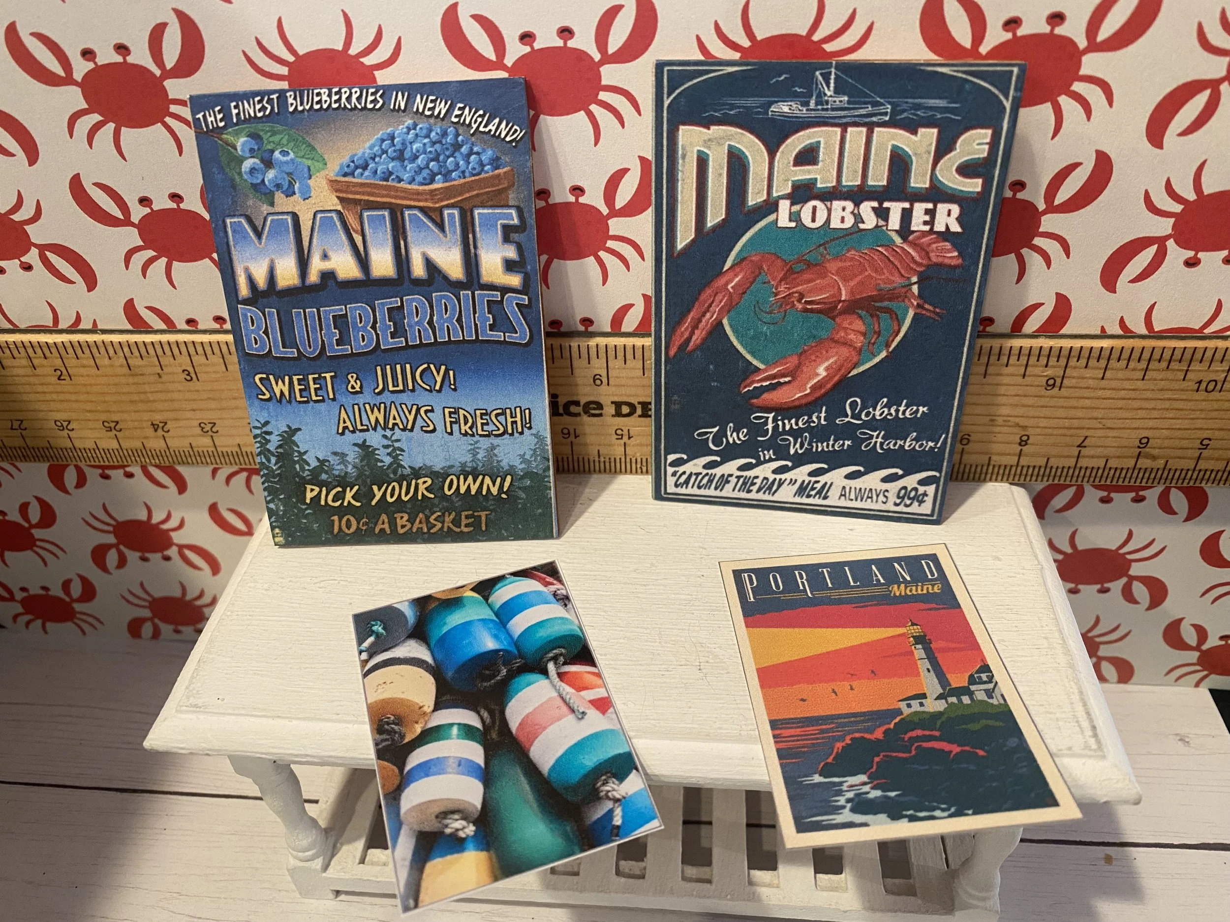 Miniature Lobster Maine Sign, Blueberry Sign, Buoy Poster, Portland Poster, 1:12