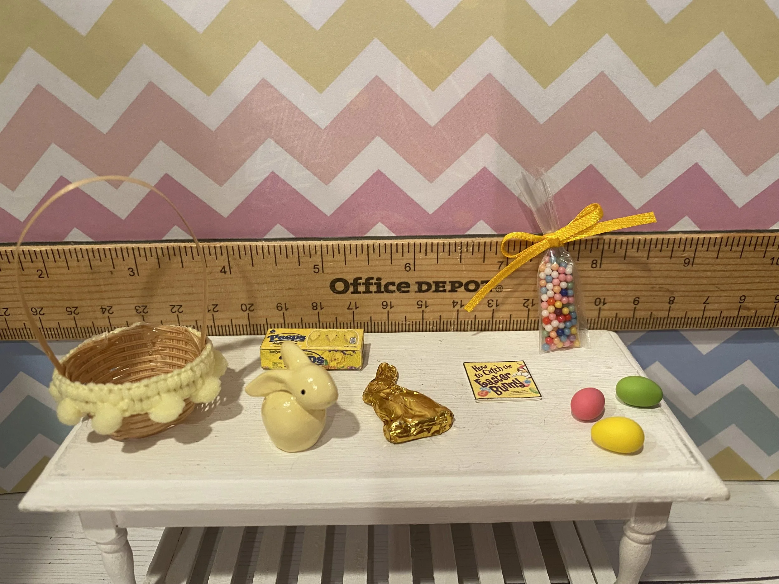 Miniature Easter Basket w/Candy, Foil Rabbit, Book, Wood Bunny, Empty Peeps Box, Easter Eggs, 1:12