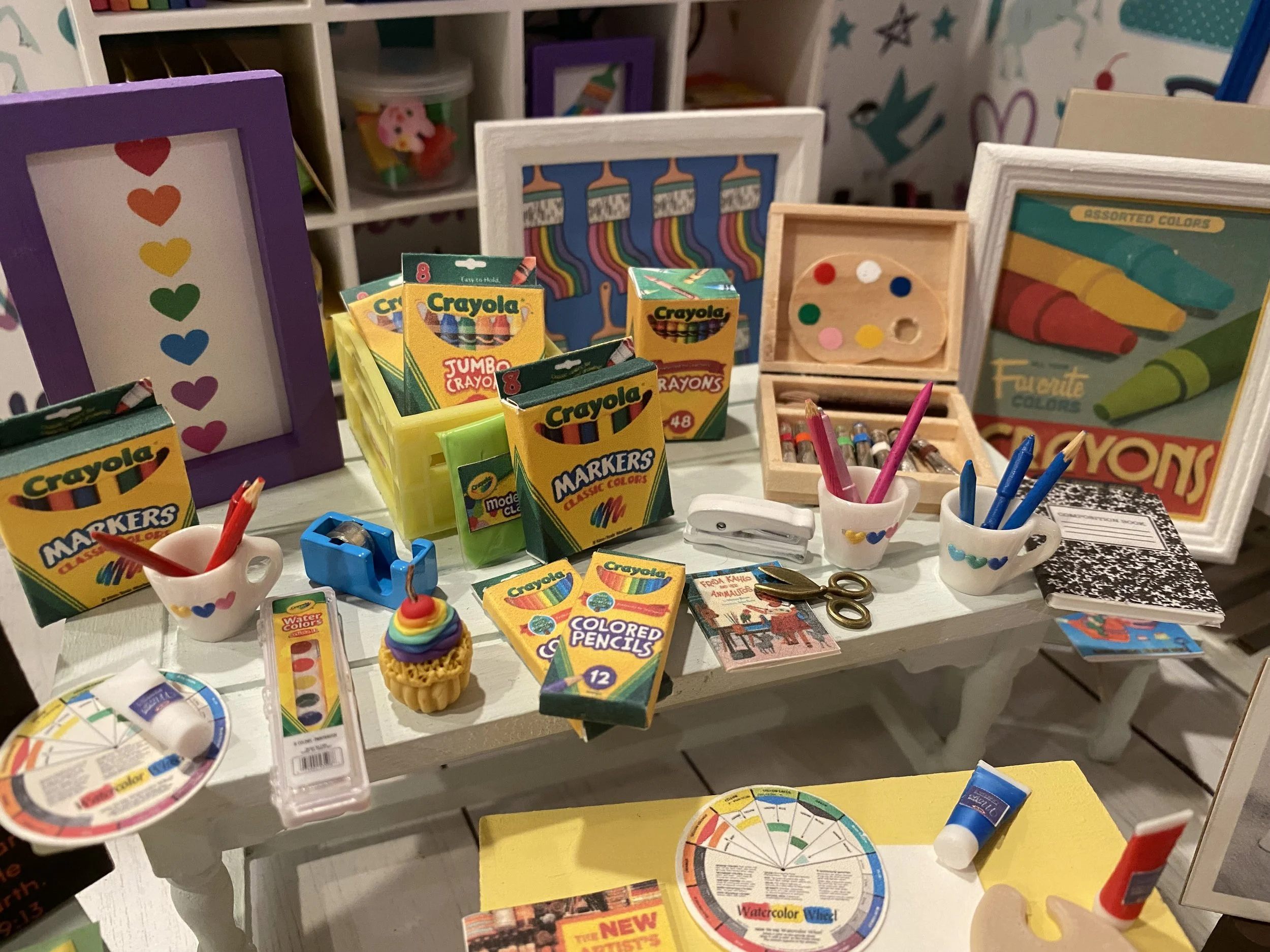 Miniature Art Supplies, Crayons, Markers, Art Box & Art Table