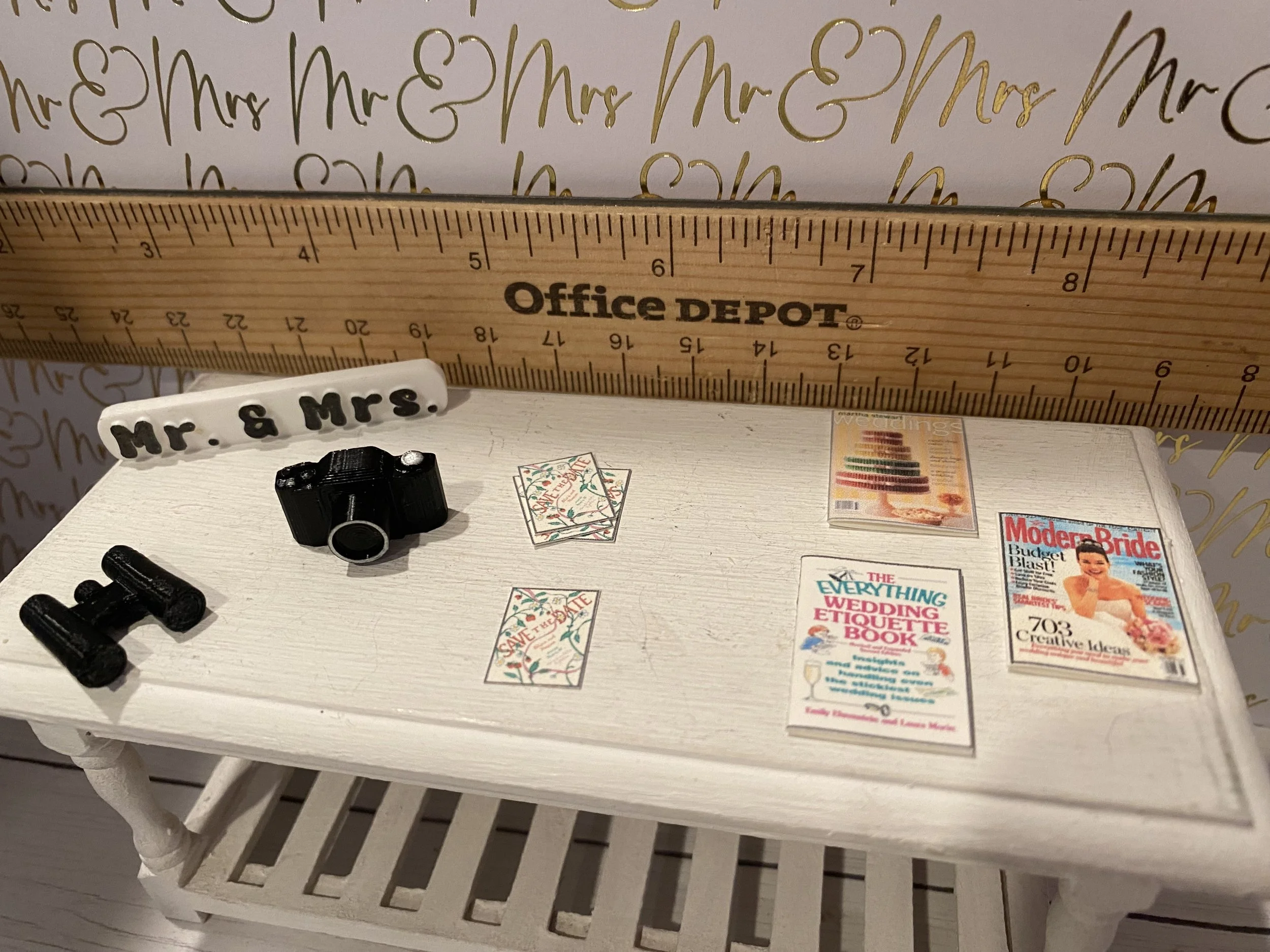Miniature Mr. & Mrs. Word Art, Save the Date Cards, Bridal Magazines, Bridal Etiquette Book, Camera, Binoculars, 1:12