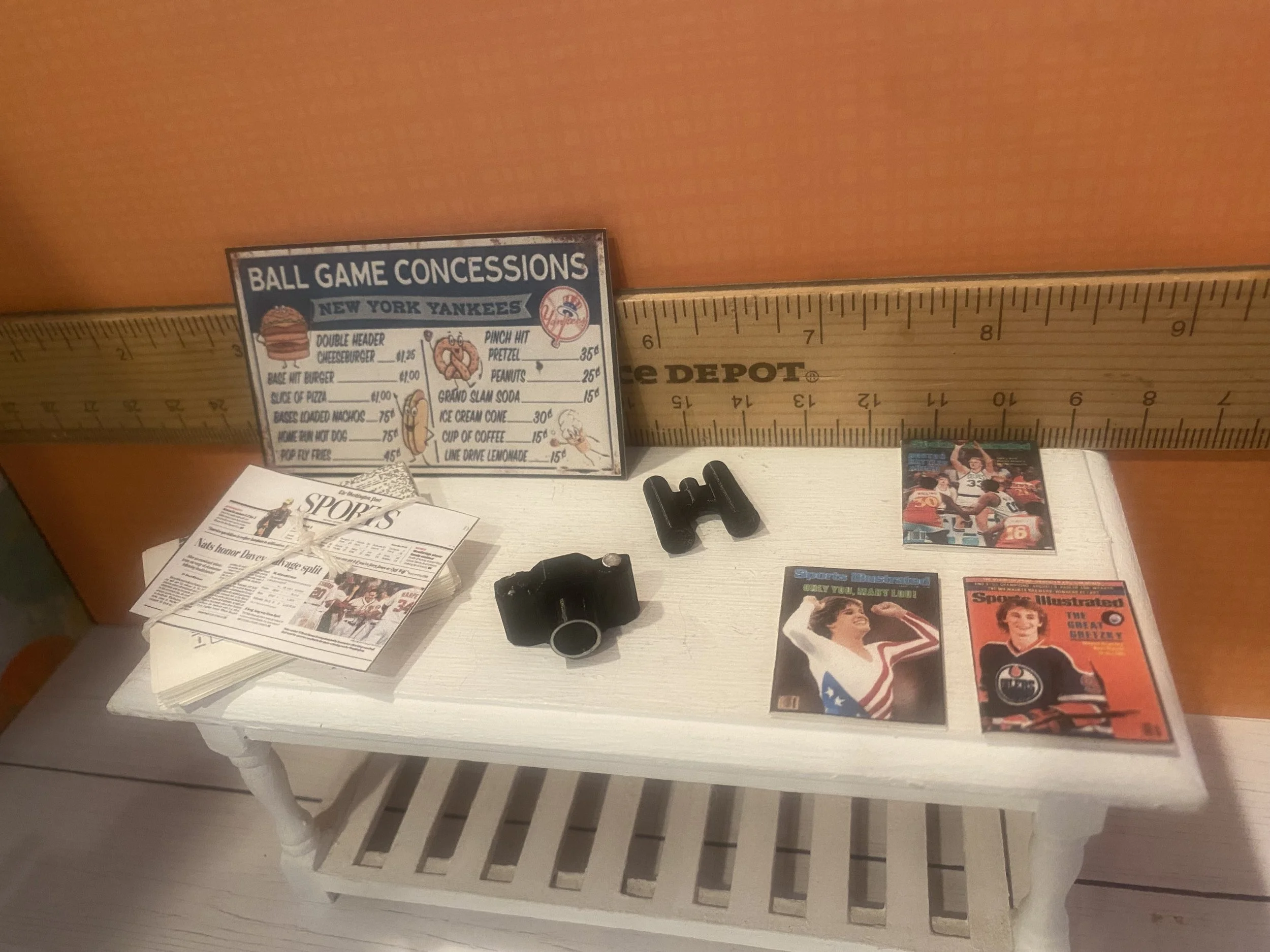 Miniature Newspaper w/Sports Section, Concession Stand Sign, Binoculars, Camera, Sports Illustrated Magazines, 1:12
