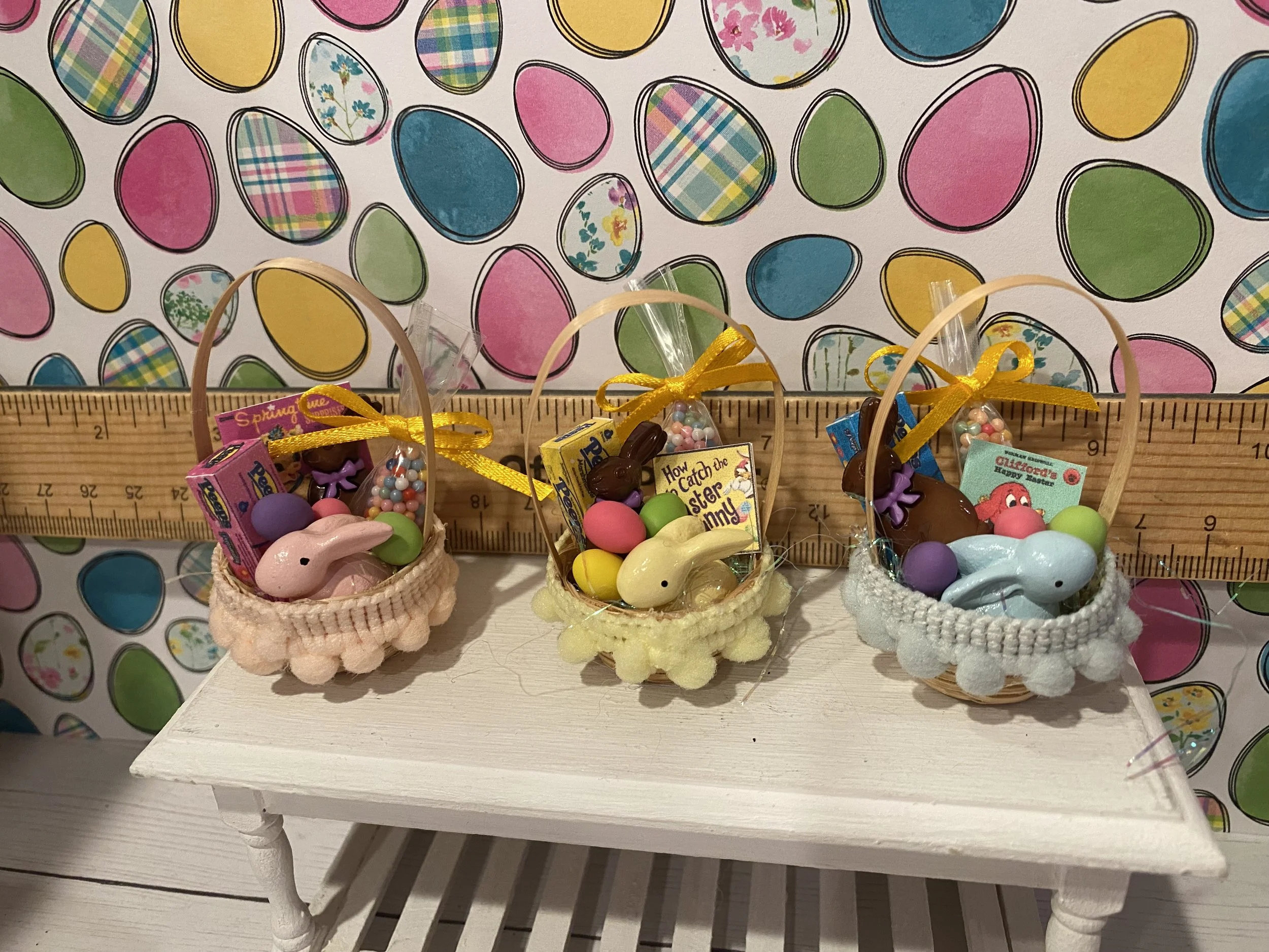 Miniature Easter Baskets, Easter Eggs, Chocolate Bunnies, Candy, 1:12