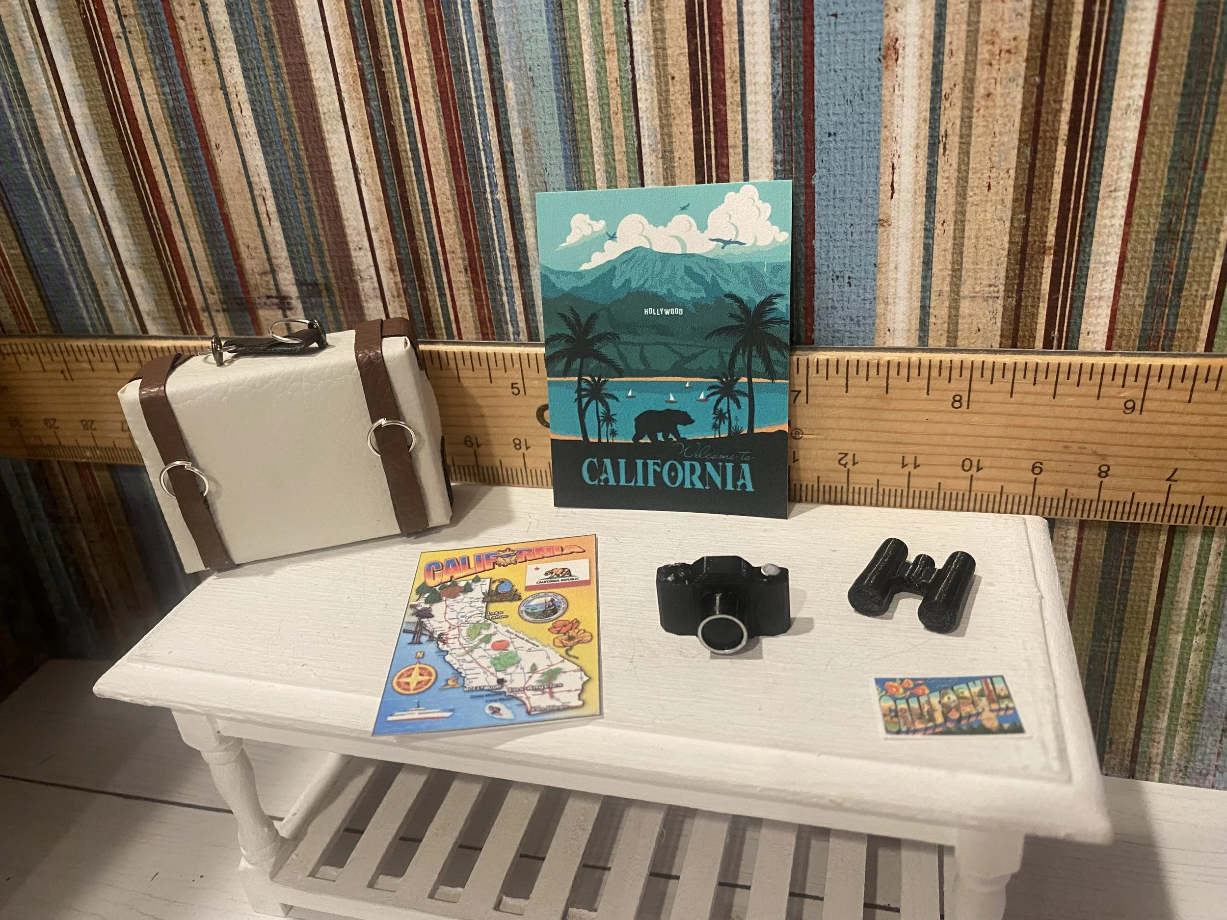 Miniature White Suitcase, California Postcard, Poster, Map, Binoculars, Camera, 1:12