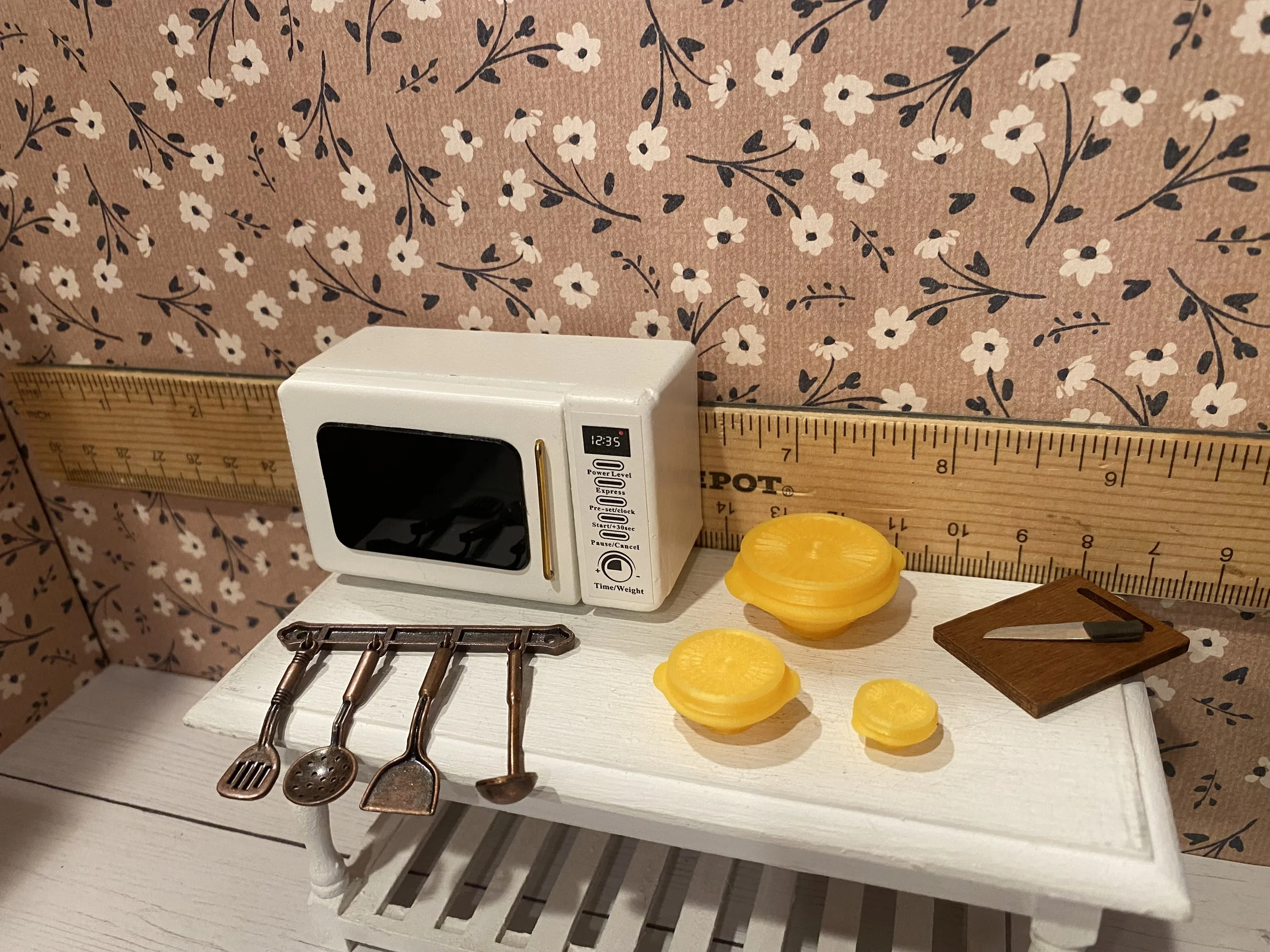 Miniature White Microwave, Yellow Tupperware Set of 3, Hanging Utensil Set, Cutting Board w/Knife, 1:12