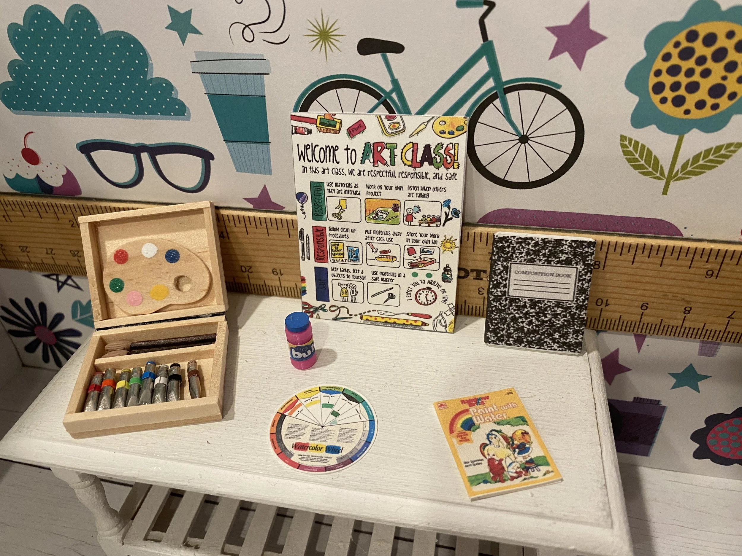 Miniature Wooden Art Box with Supplies, Art Rules Poster, Black and White Marble Composition Book, Rainbow Brite Coloring Book, Pink Bubbles, 1:12