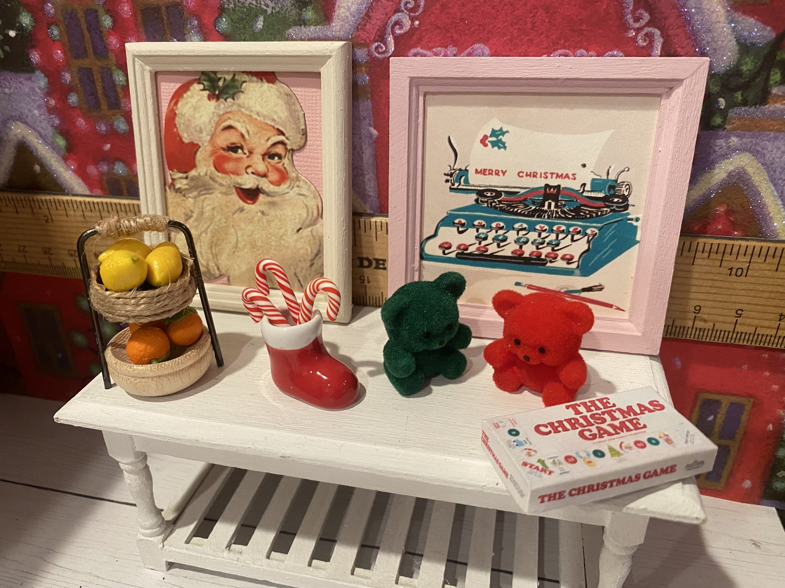 Miniature Christmas Art, Red Santa Boot with Candy Canes, Tiered Wood Fruit Basket w/Lemons and Oranges, Flocked Red and Green Teddy Bears1:12