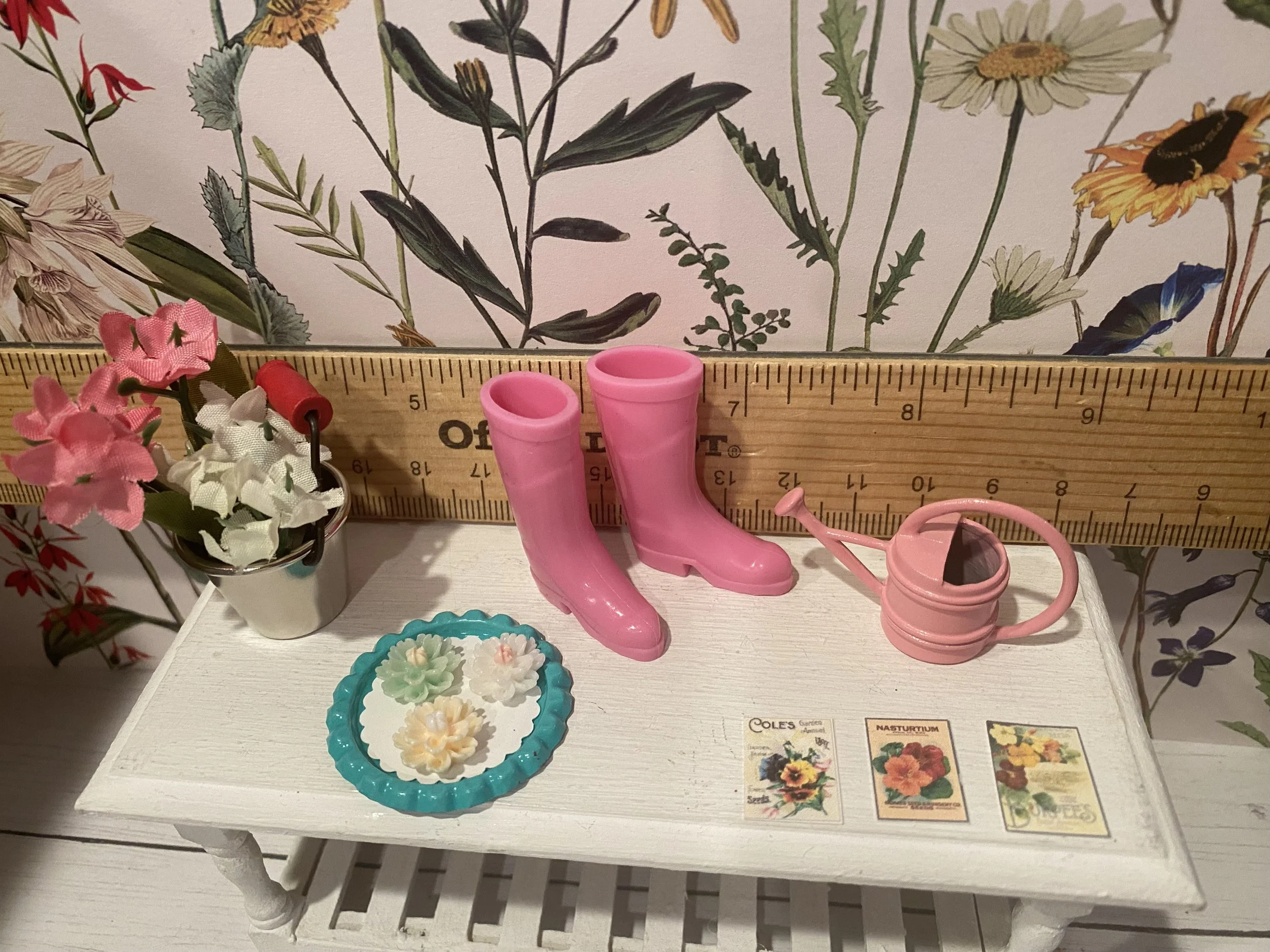 Miniature Wellies, Seed Packets, Flowers in a Pail, Watering Can, Flowers on a Tray, 1:12