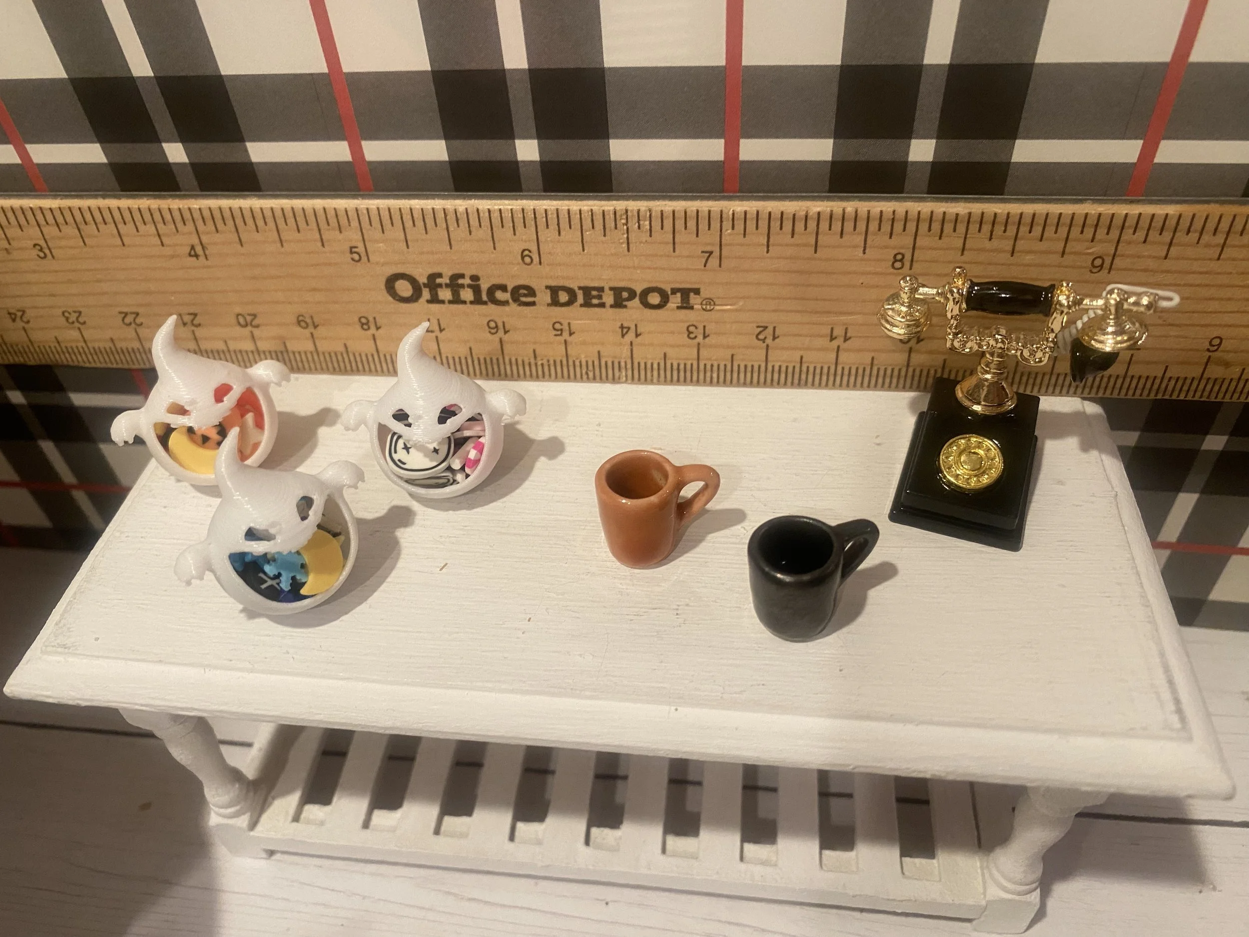 Miniature Halloween Ghost Candy Dishes w/Candy Any Style, Black and Orange Mugs, Black Halloween Telephone, 1:12