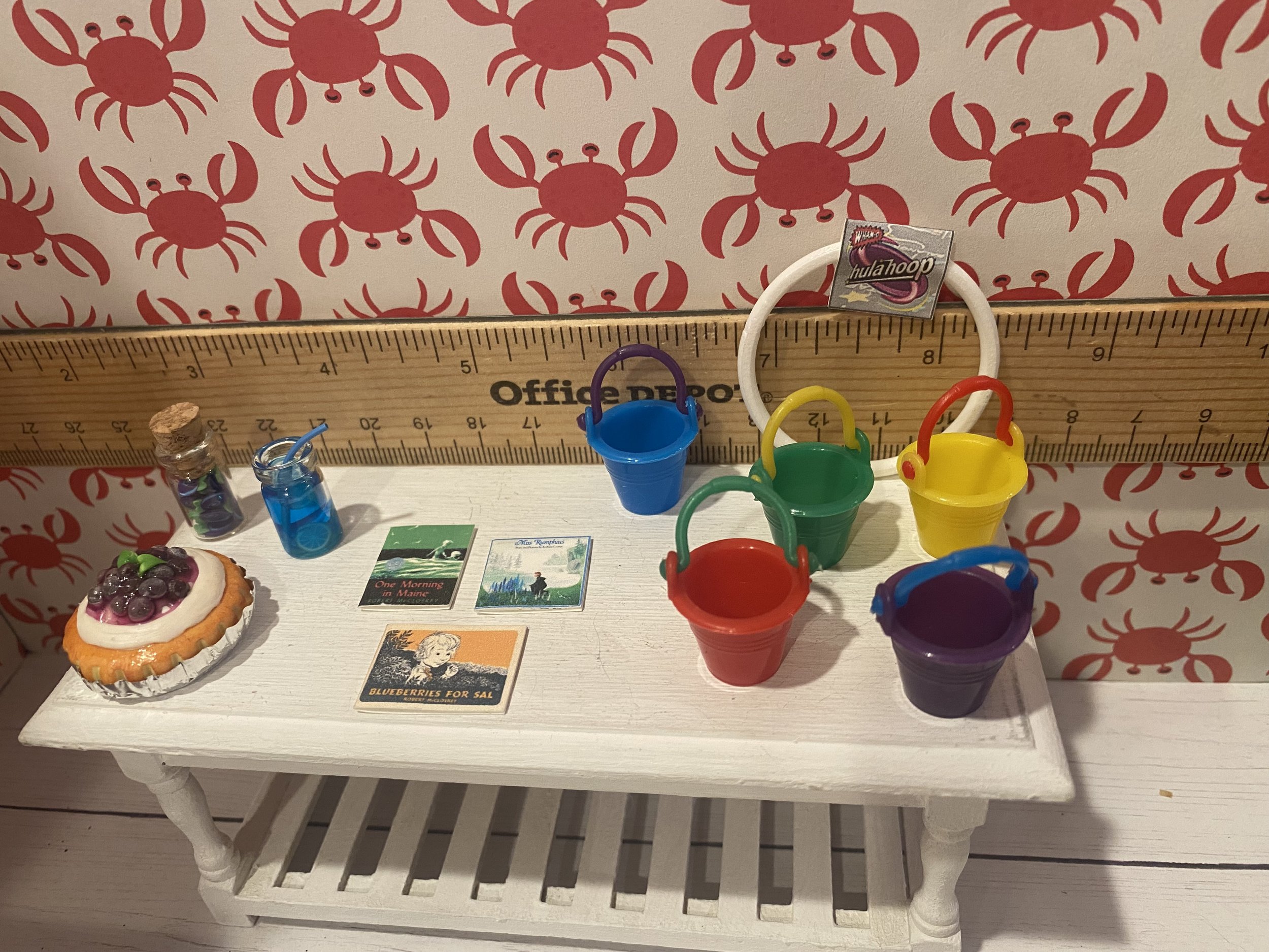 Miniature Blueberry Soda, Pie, Jars of Blueberries, Children's Maine Books, Sand Pails, Hula Hoop, 1:12