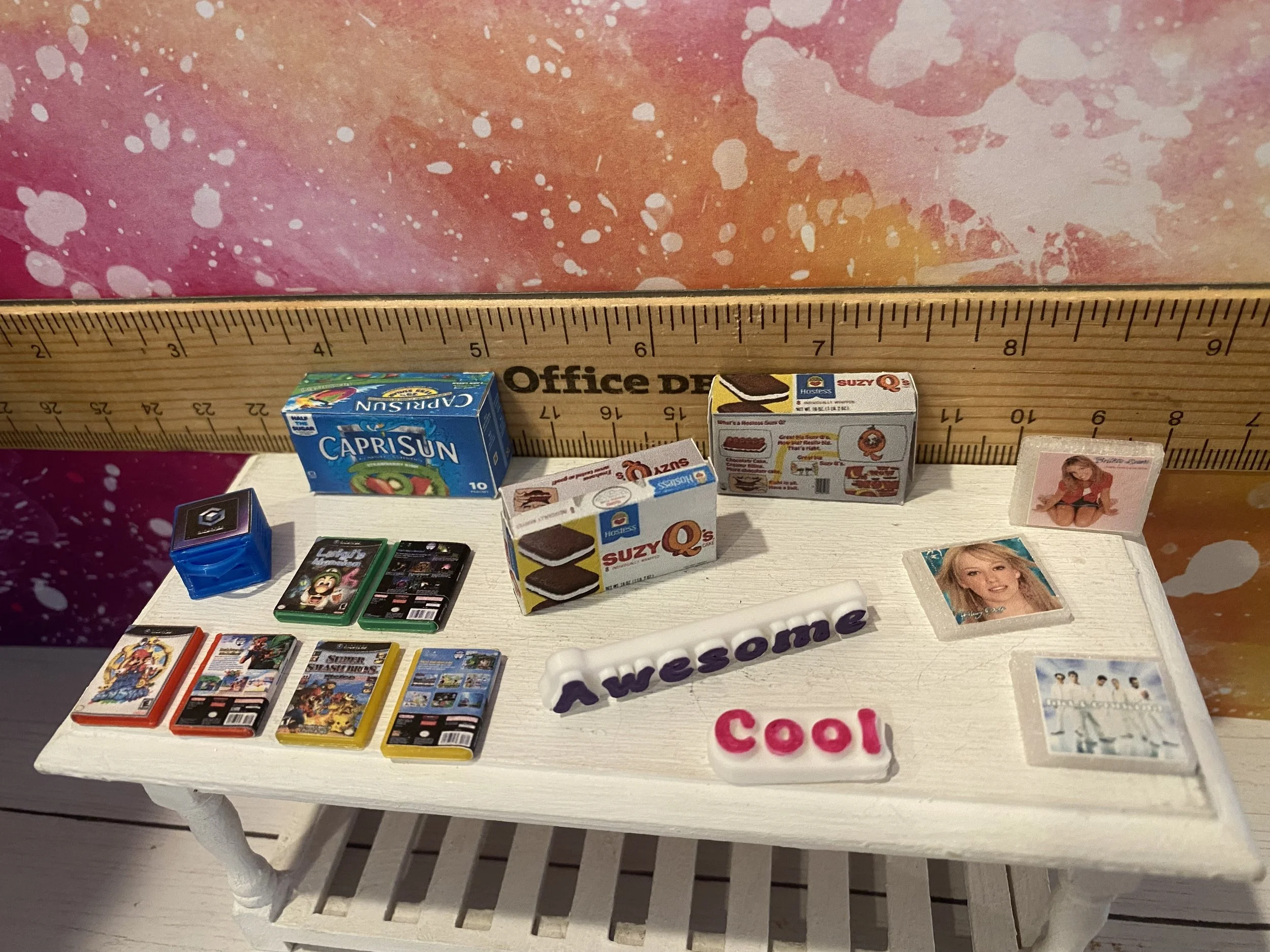 Miniature Nintendo Cube w/Cartridges, Suzy Q Box, Capri Suns Box, CD's, Awesome, Cool Word Art, 1:12