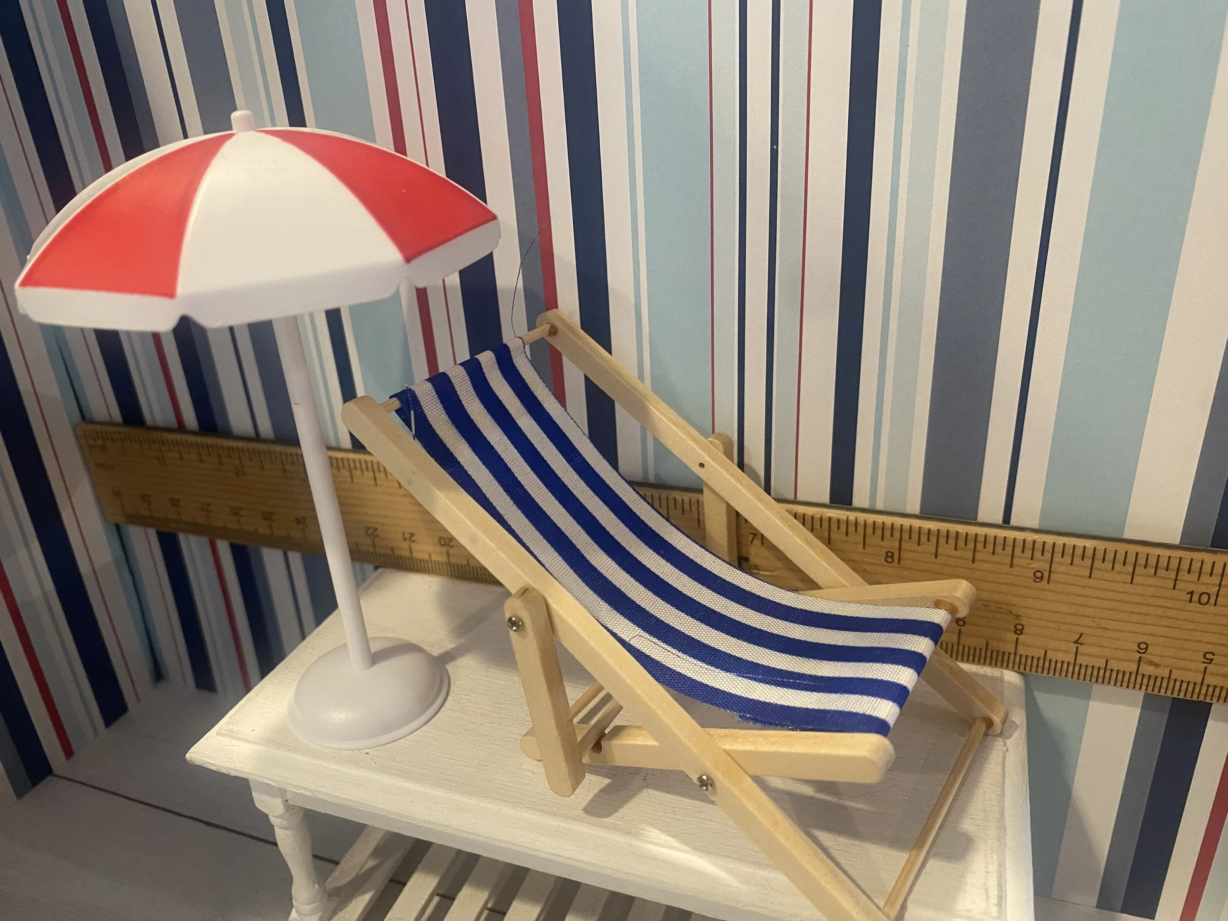 Miniature Red Striped Umbrella, Blue Striped Blue Chair, 1:12