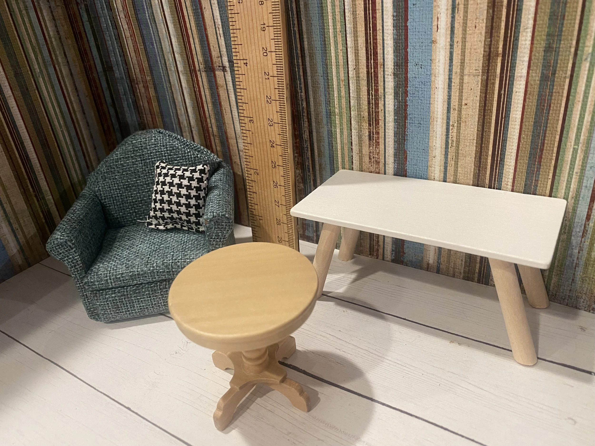 Miniature Blue Tweed Chair, Coffee Table, End Table, 1:12