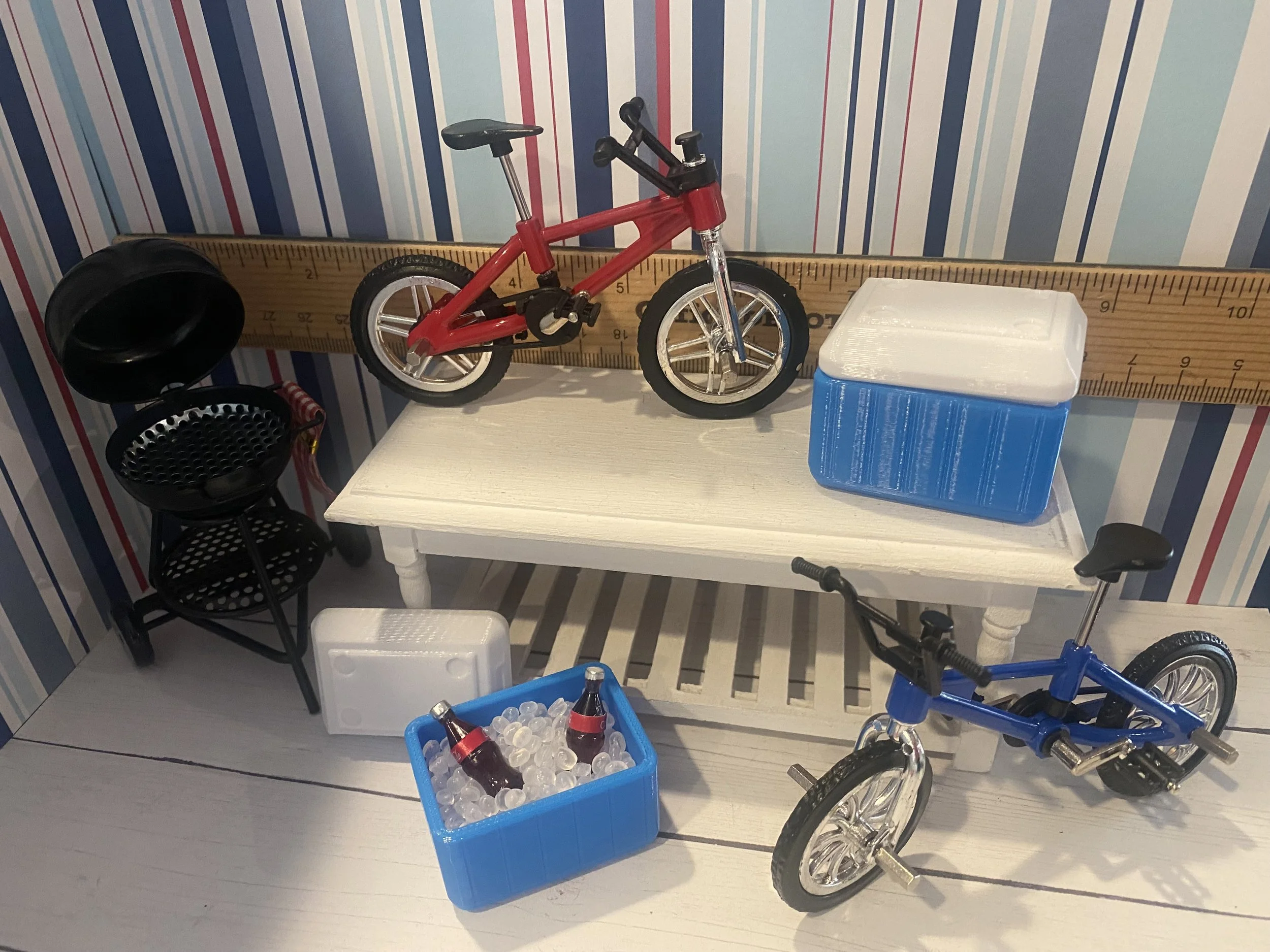 Miniature Red, Blue Bikes, BBQ, Ice Chest w/Sodas, 1:12