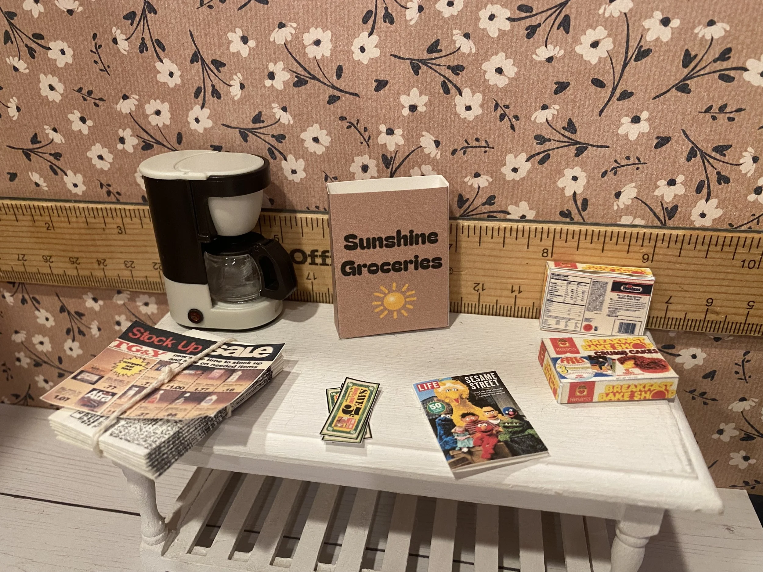 Miniature 1:6 Coffee Maker w/Carafe, Grocery Bag, Hostess Crumb Cakes Box, Newspaper w/TG&Y Ad, Coupons, Life Magazines, 1:12