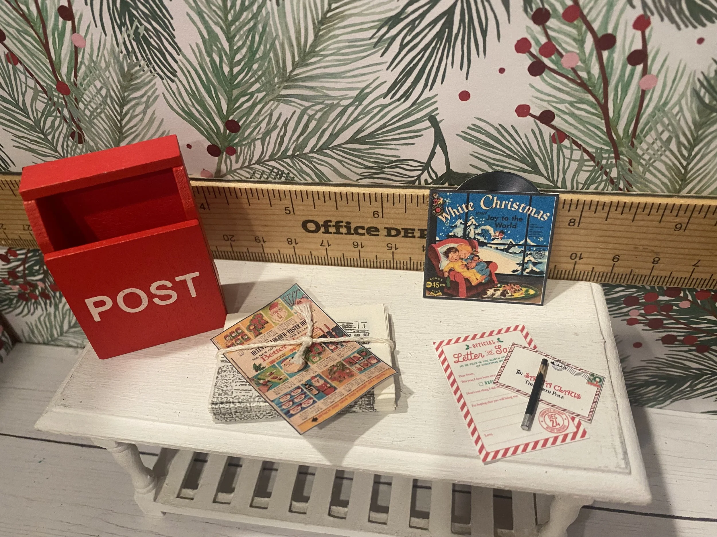 Miniature Red Mailbox, Santa Letter Set, Newspaper w/Ad, White Christmas Album, 1:12
