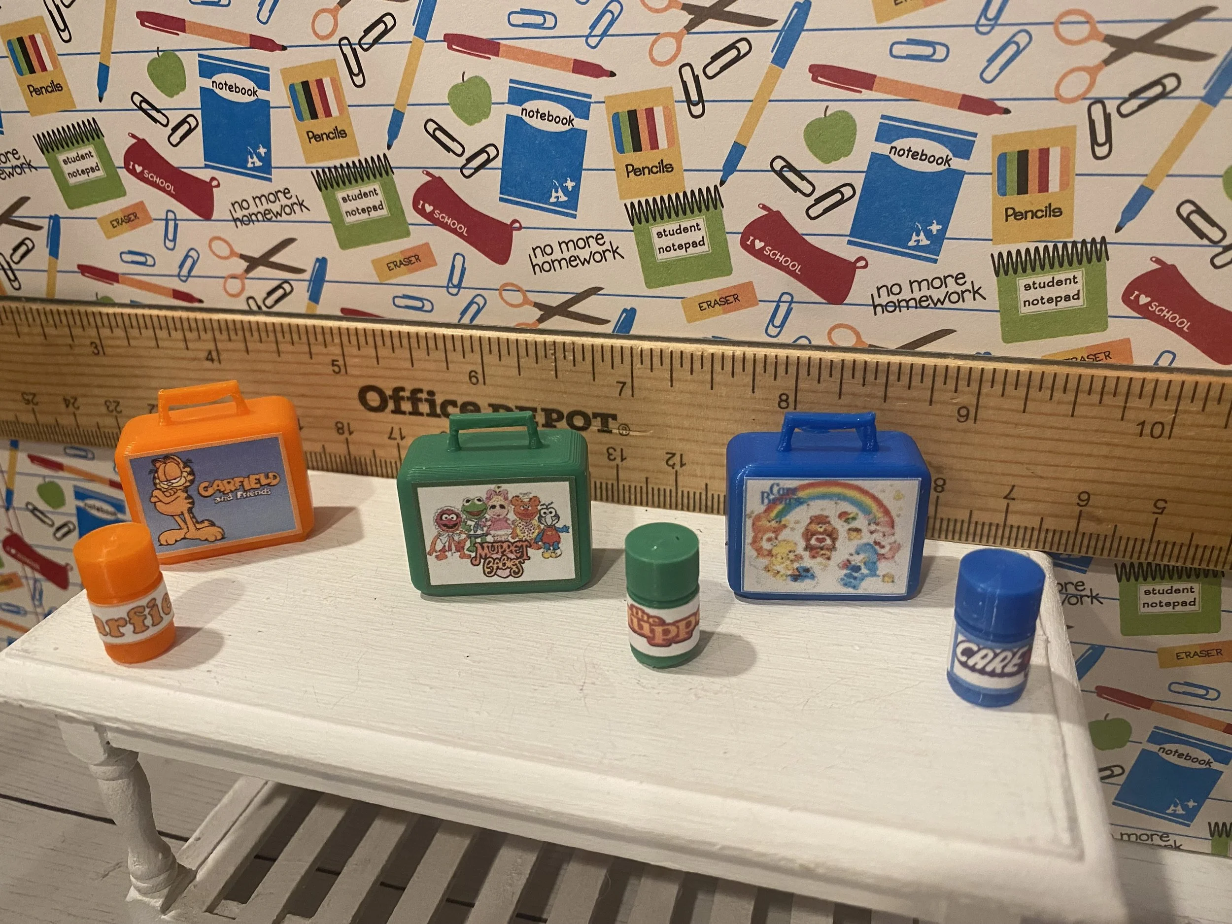 Miniature Garfield, Muppets Babies, Care Bear Lunch Boxes w/Thermos, 1:12