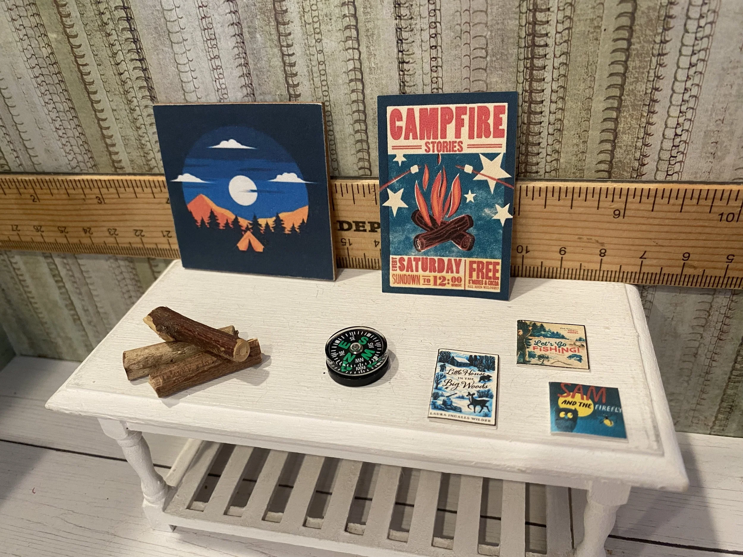 Miniature Campfire Accessories, Compass, Campfire Story Poster, Firewood, Books, Camping at Night Sign, 1:12