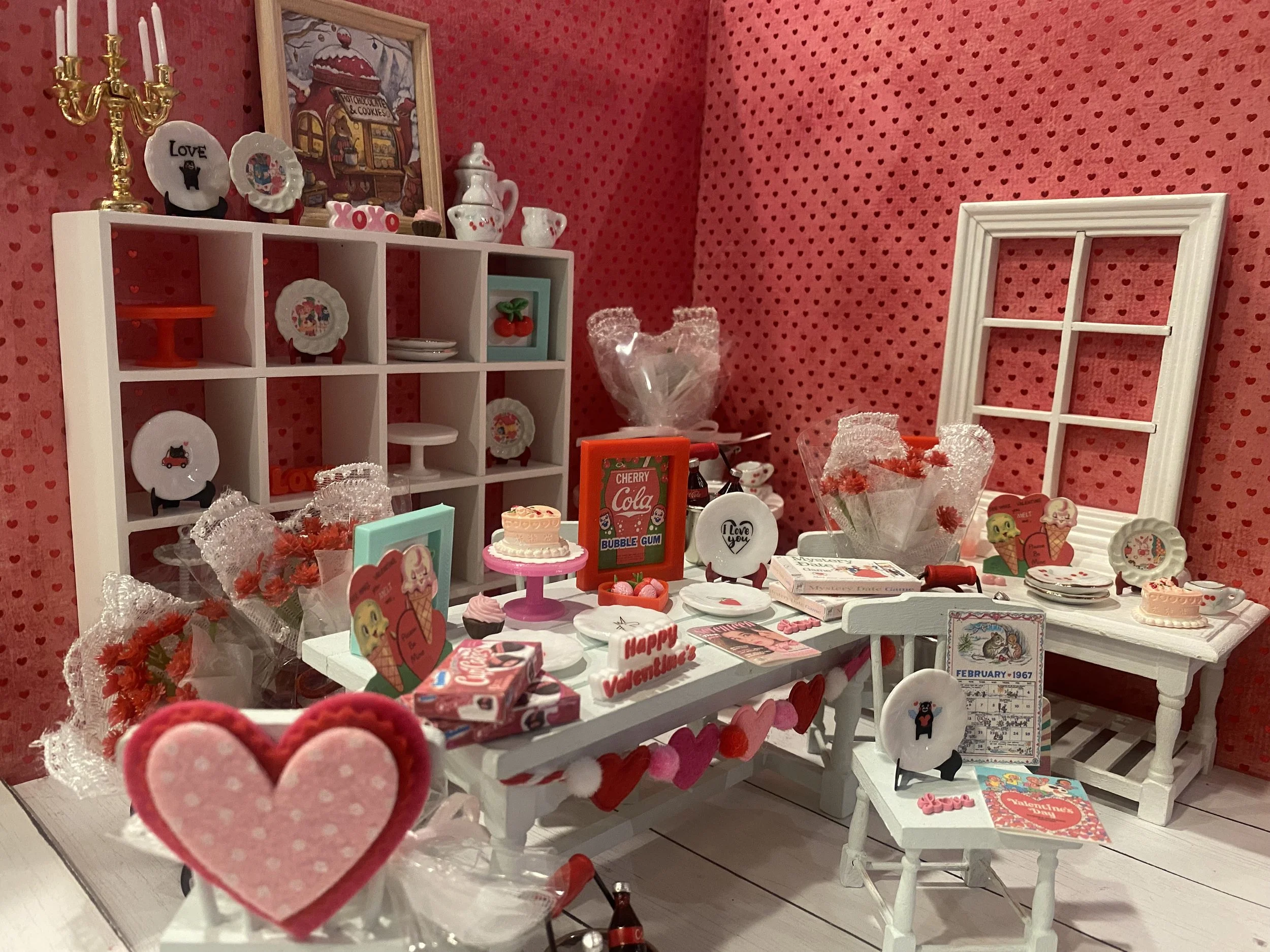 Miniature Valentine Dishes, Cherry Tea Set, Heart Banner, Art, 1:12