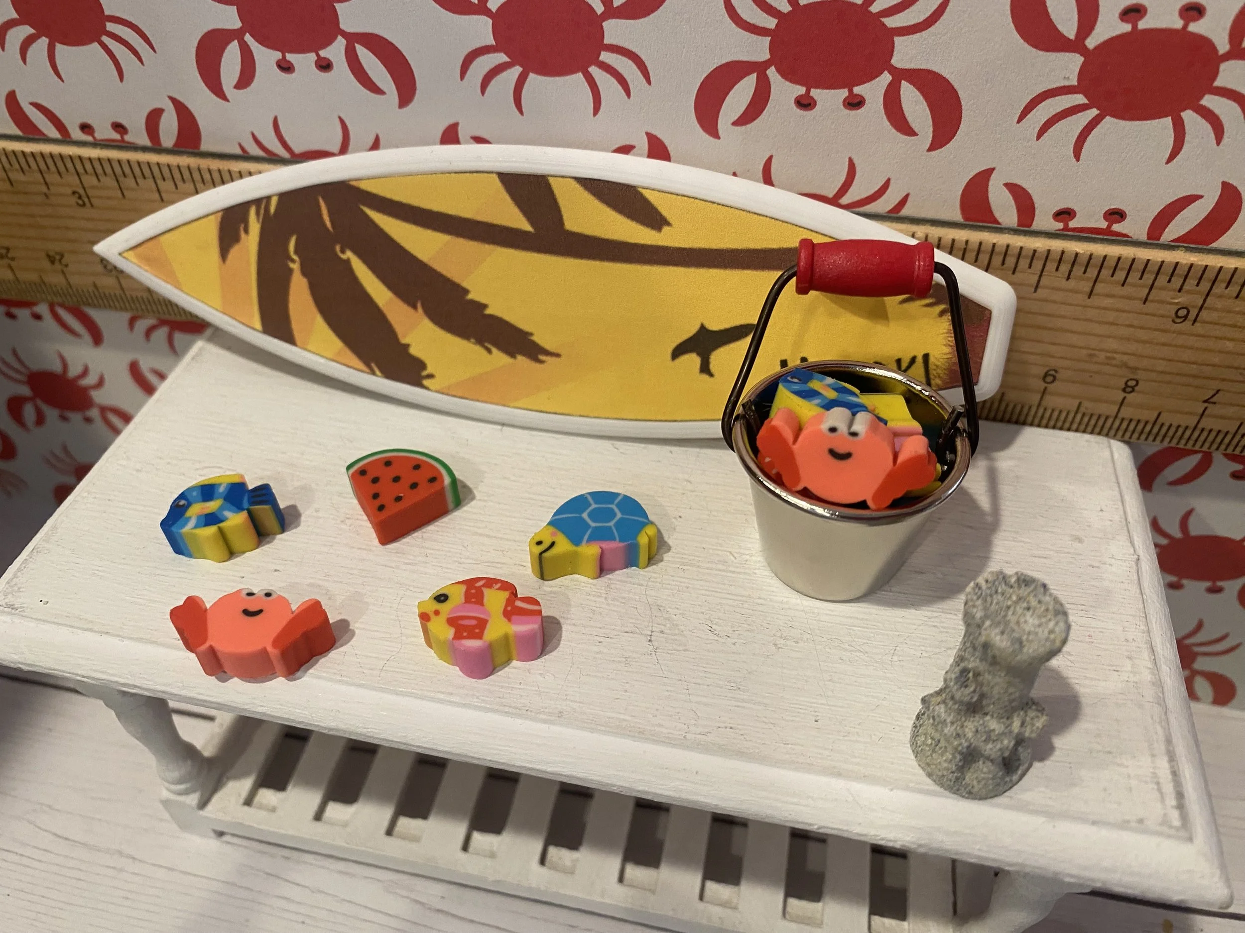 Miniature Yellow Surfboard, Pail of Beach Creatures, Sand Castle, 1:12