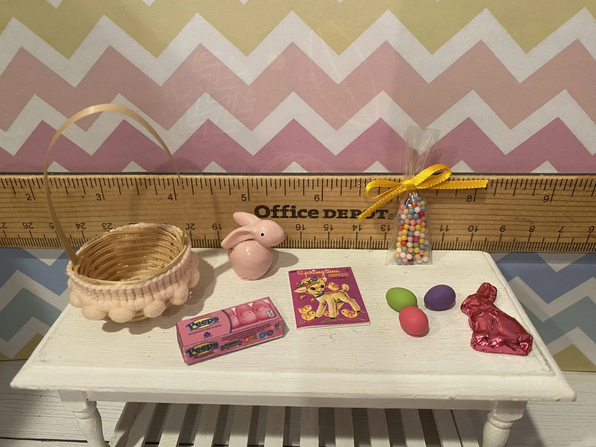 Miniature Easter Basket w/Candy, Foil Rabbit, Book, Wood Bunny, Empty Peeps Box, Easter Eggs, 1:12