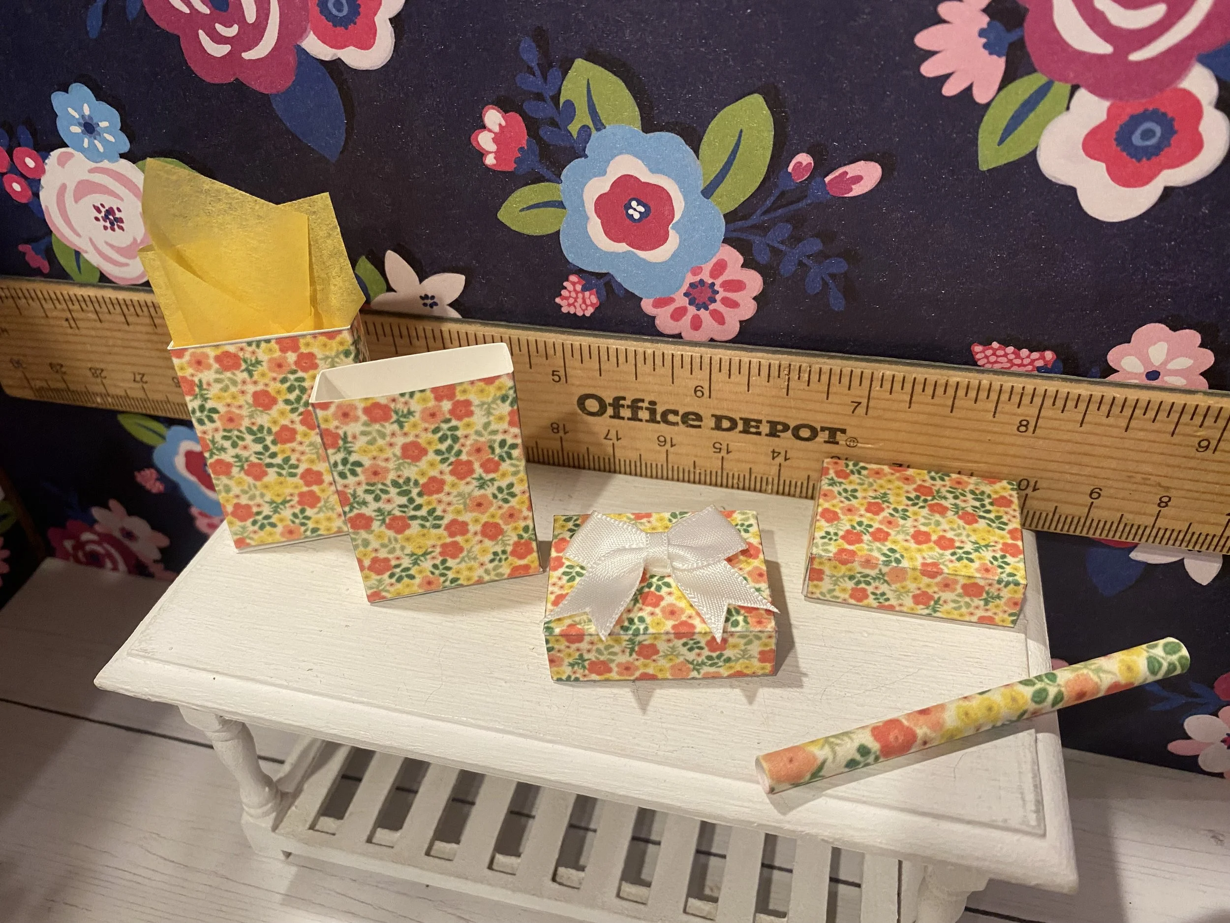 Miniature Yellow Country Flower Gift Wrap, Box, Bag and Roll, 1:12