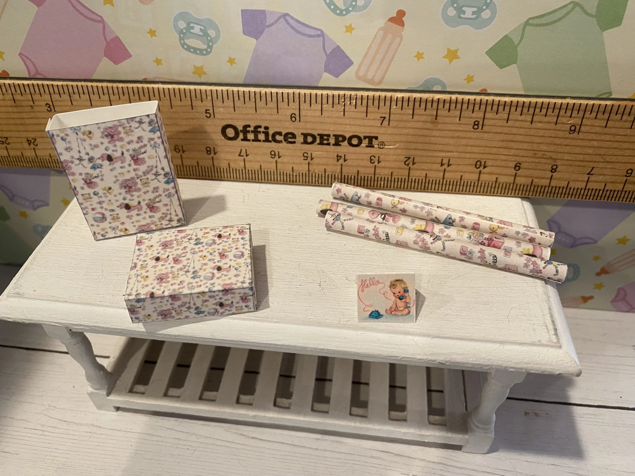 Miniature Baby Shower Gift Bag, Box, Rolls of Wrap, Card, 1:12