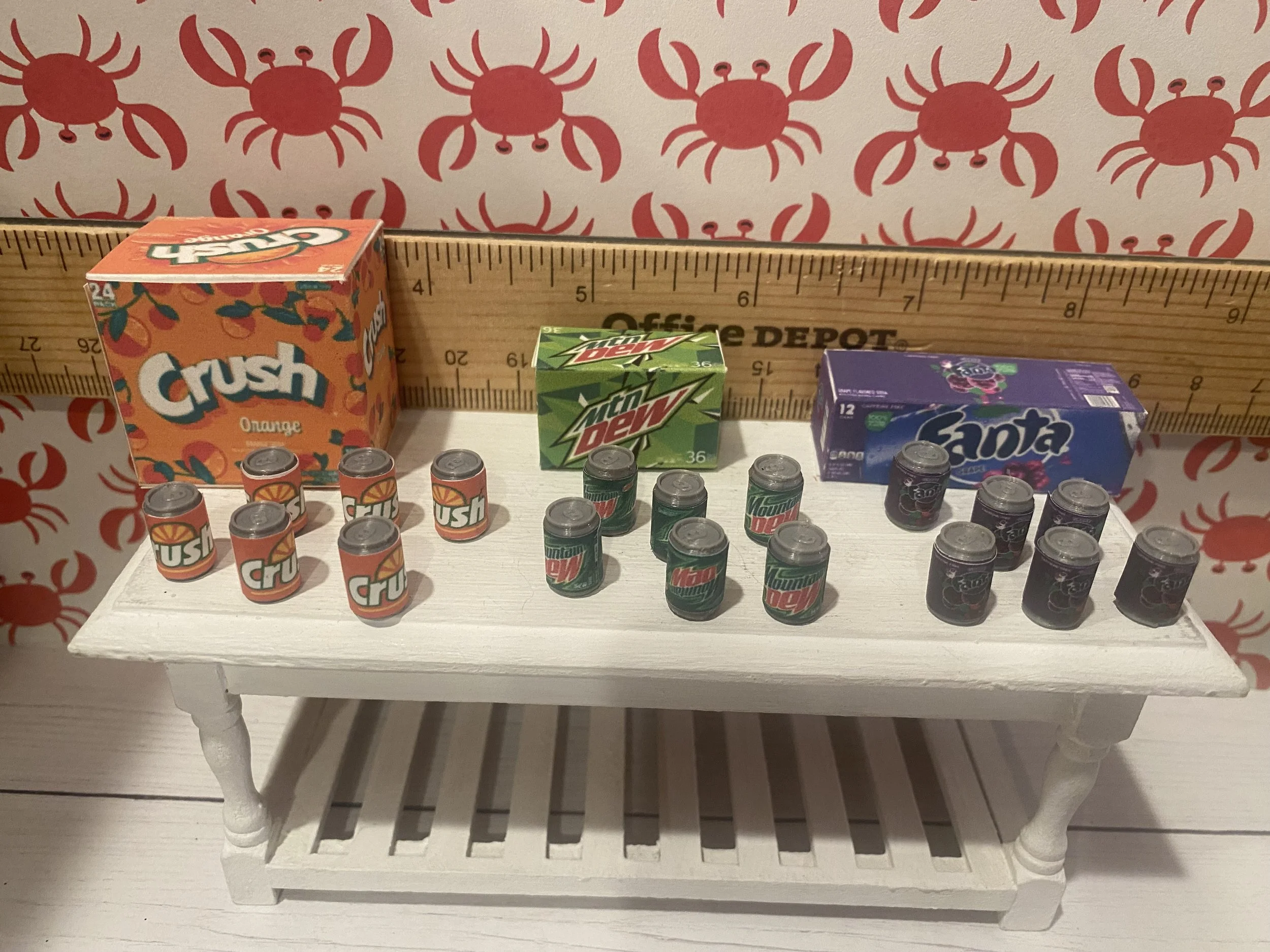 Miniature Orange Crush w/6 Cans, Mountain Dew w/6 Cans, Grape Fanta w/6 Cans, 1:12