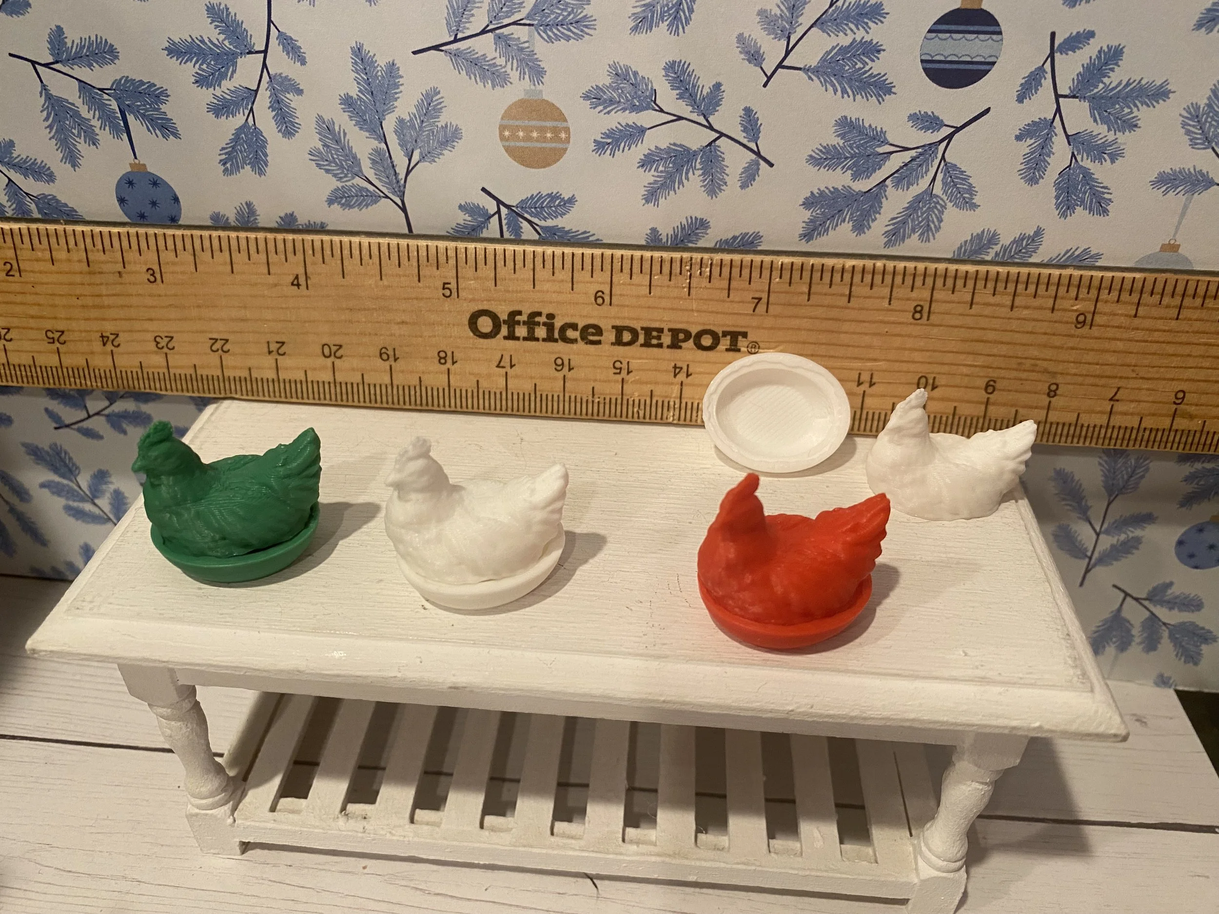 Miniature Covered Hen Dish, Green, Red, White, 1:12