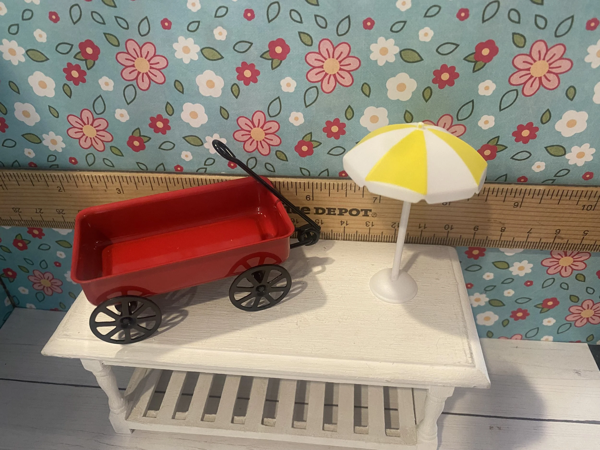 Miniature Red Wagon, Yellow Umbrella, 1:12