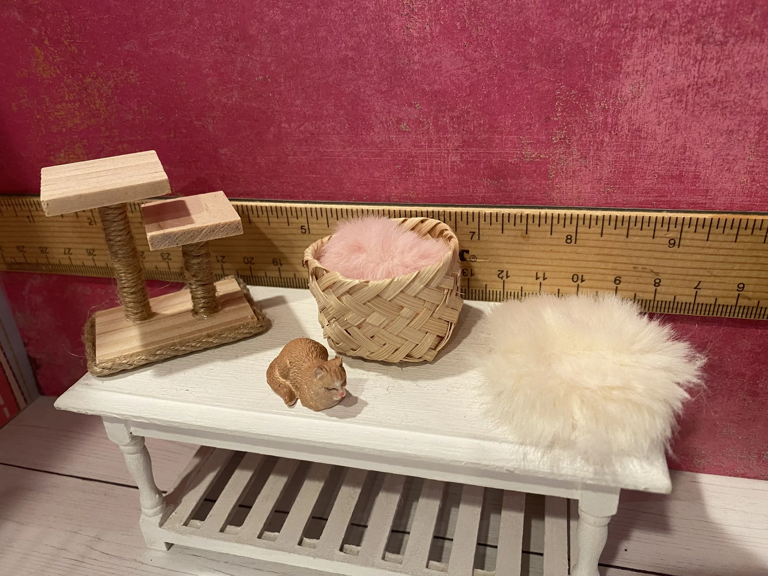Miniature Cat Tower, Bed w/mat, Tiny Orange Tabby Cat, 1:12