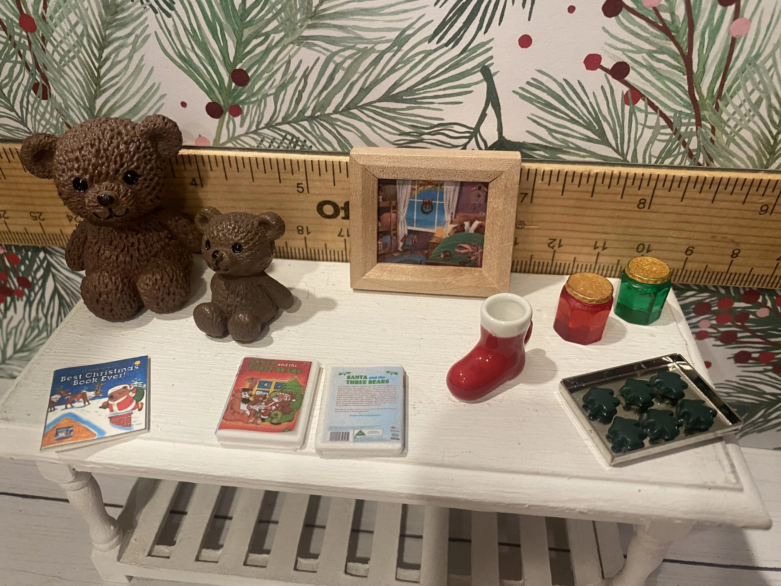Miniature Set of Bears, Santa and Three Bears DVD, Art, Santa Boot Mug, Christmas Jam, Christmas Tree Cookie Sheet, 1:12