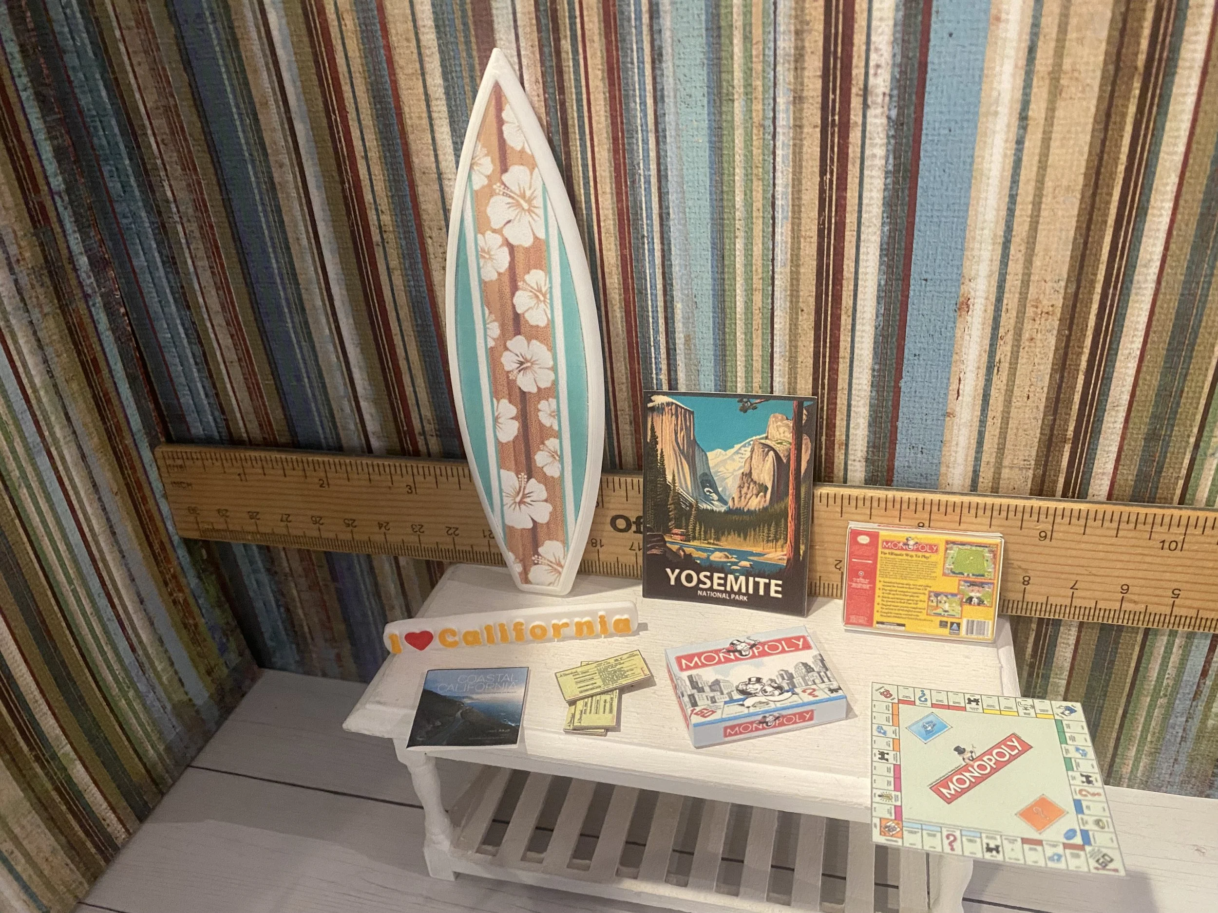 Miniature Surfboard, I Love California Word Art, California Coffee Table Book, Theme Park Tickets, Monopoly Game w/Board, 1:12