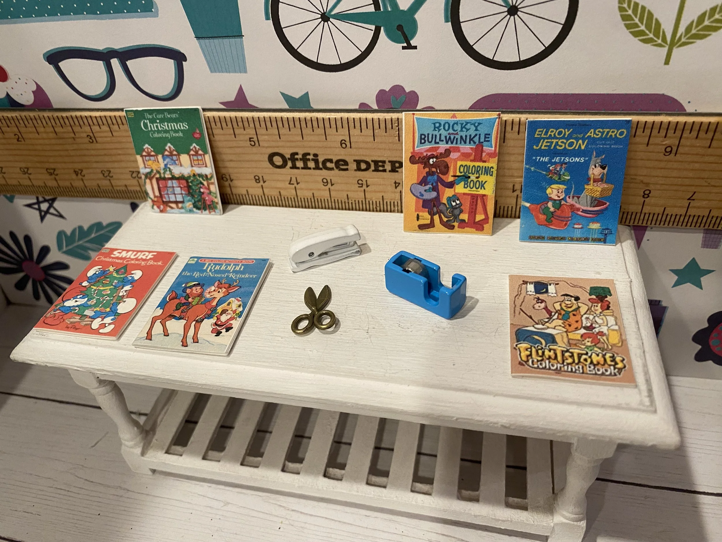 Miniature Coloring Books, Blue Tape Dispenser,  White Stapler, Scissors, 1:12