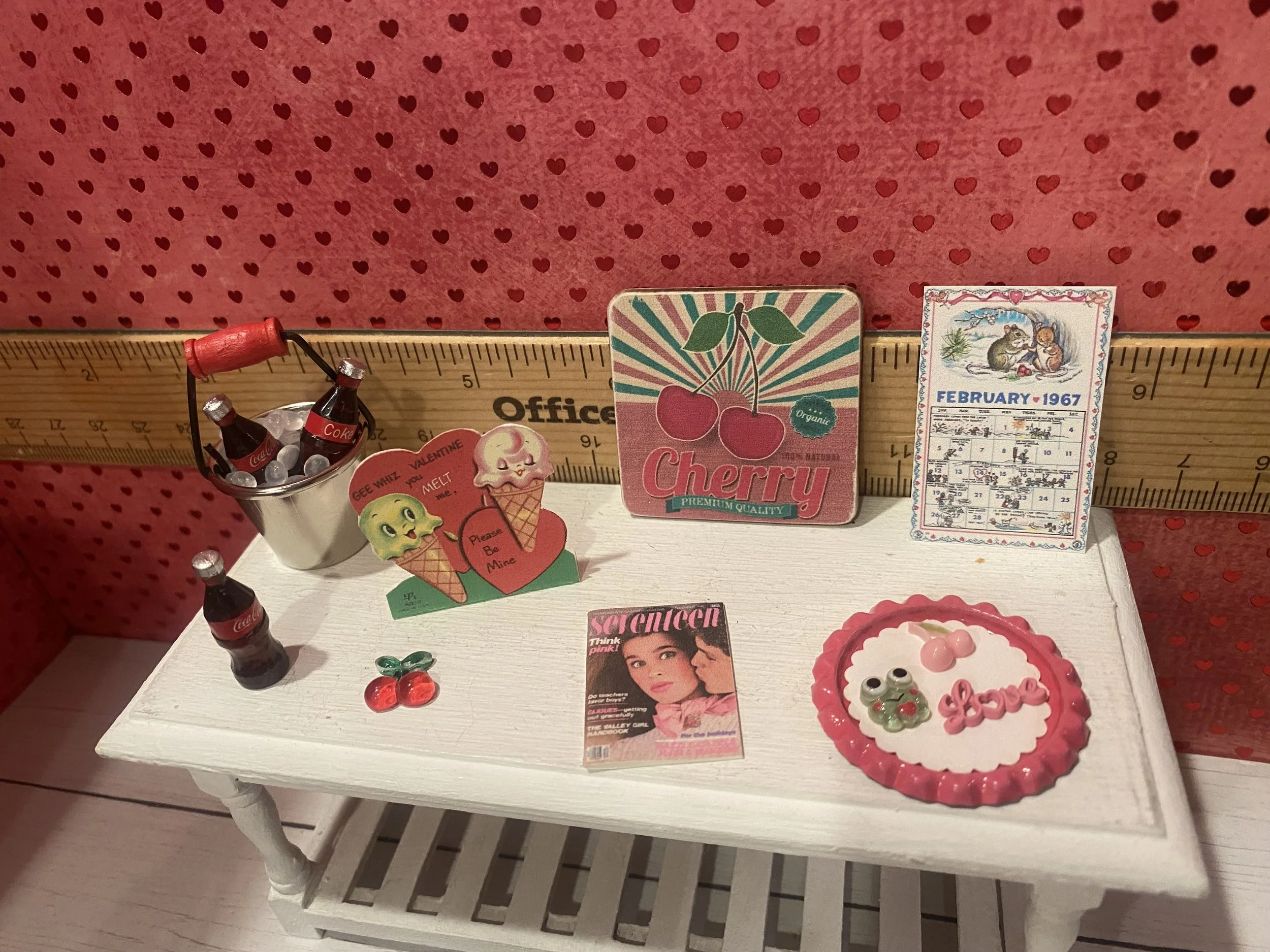 Miniature Cherry Cola Sign, Tray of Valentine Trinkets, 17 Magazine, Cola in Pails w/Ice February 1967 Calendar,  Cherry Trinket, Ice Cream Valentine Cut-Out, 1:12
