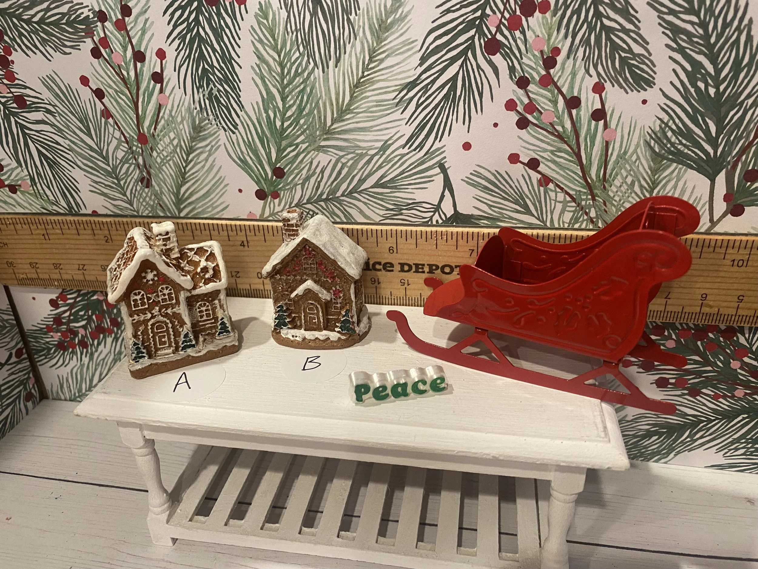 Miniature Gingerbread Houses, Peace Word Art, Red Sled, 1:12