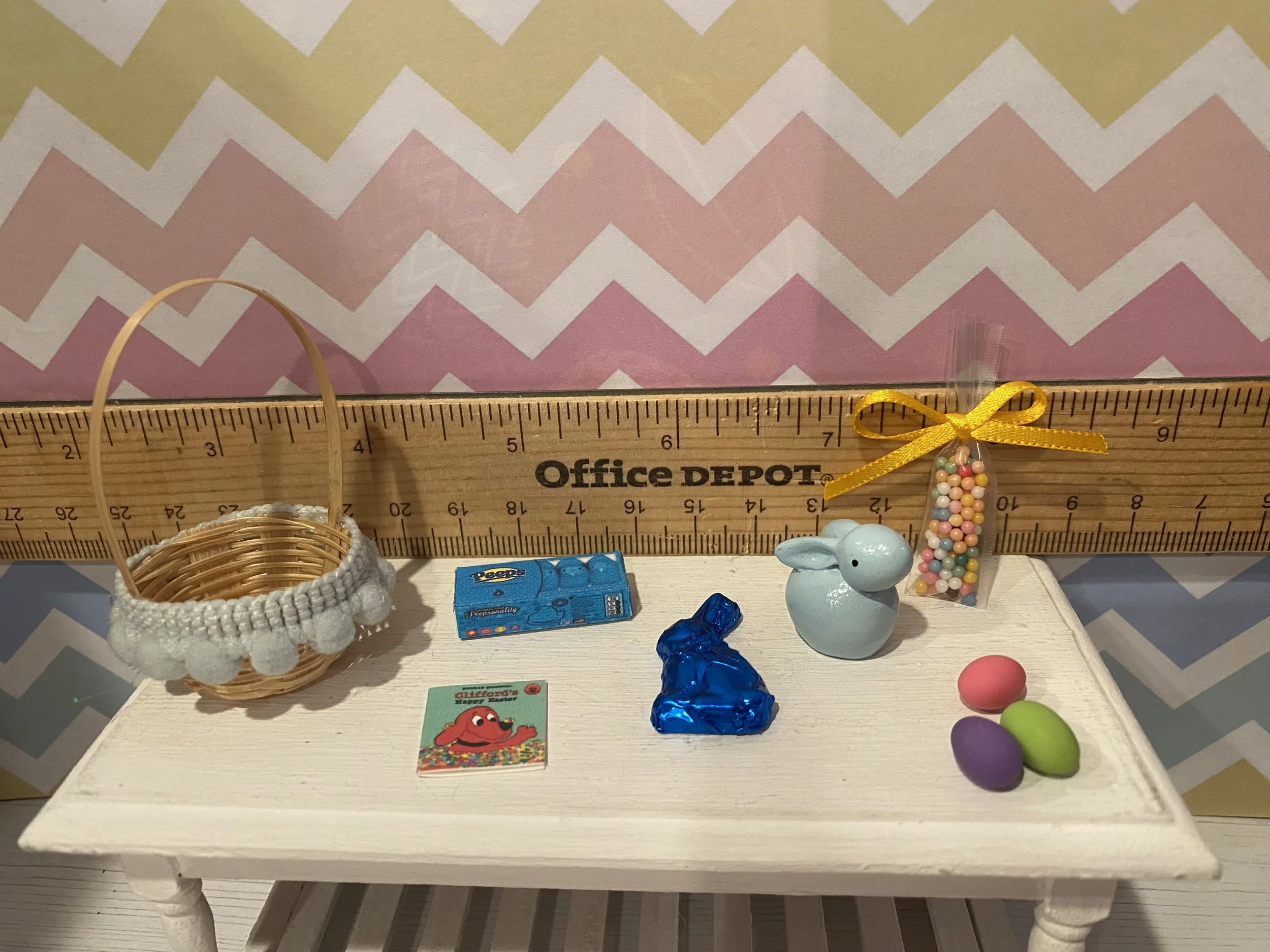 Miniature Easter Basket w/Candy, Foil Rabbit, Book, Wood Bunny, Empty Peeps Box, Easter Eggs, 1:12