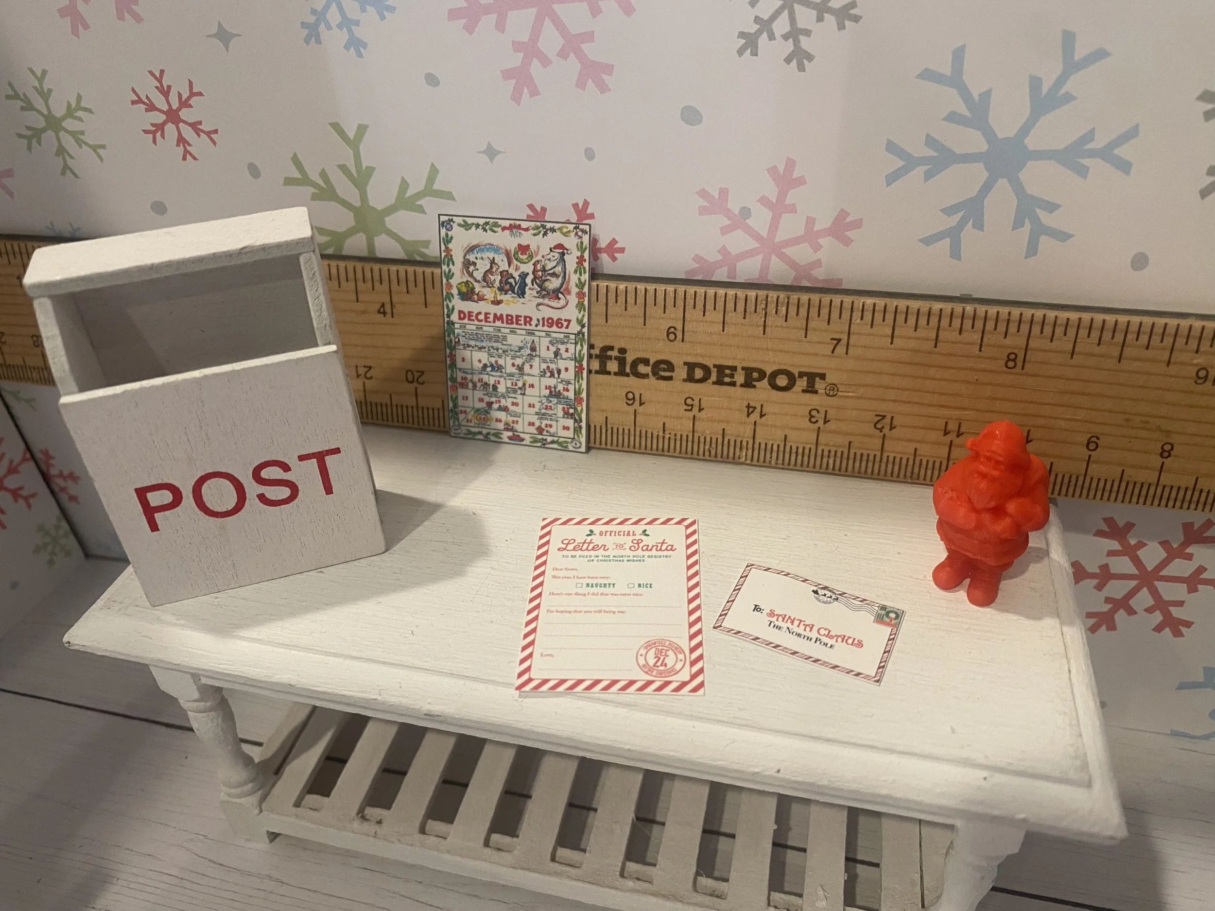 Miniature White Mailbox, Santa Letter and Envelope, Red Santa Figure, 1967 Vintage December Calendar Page, 1:12