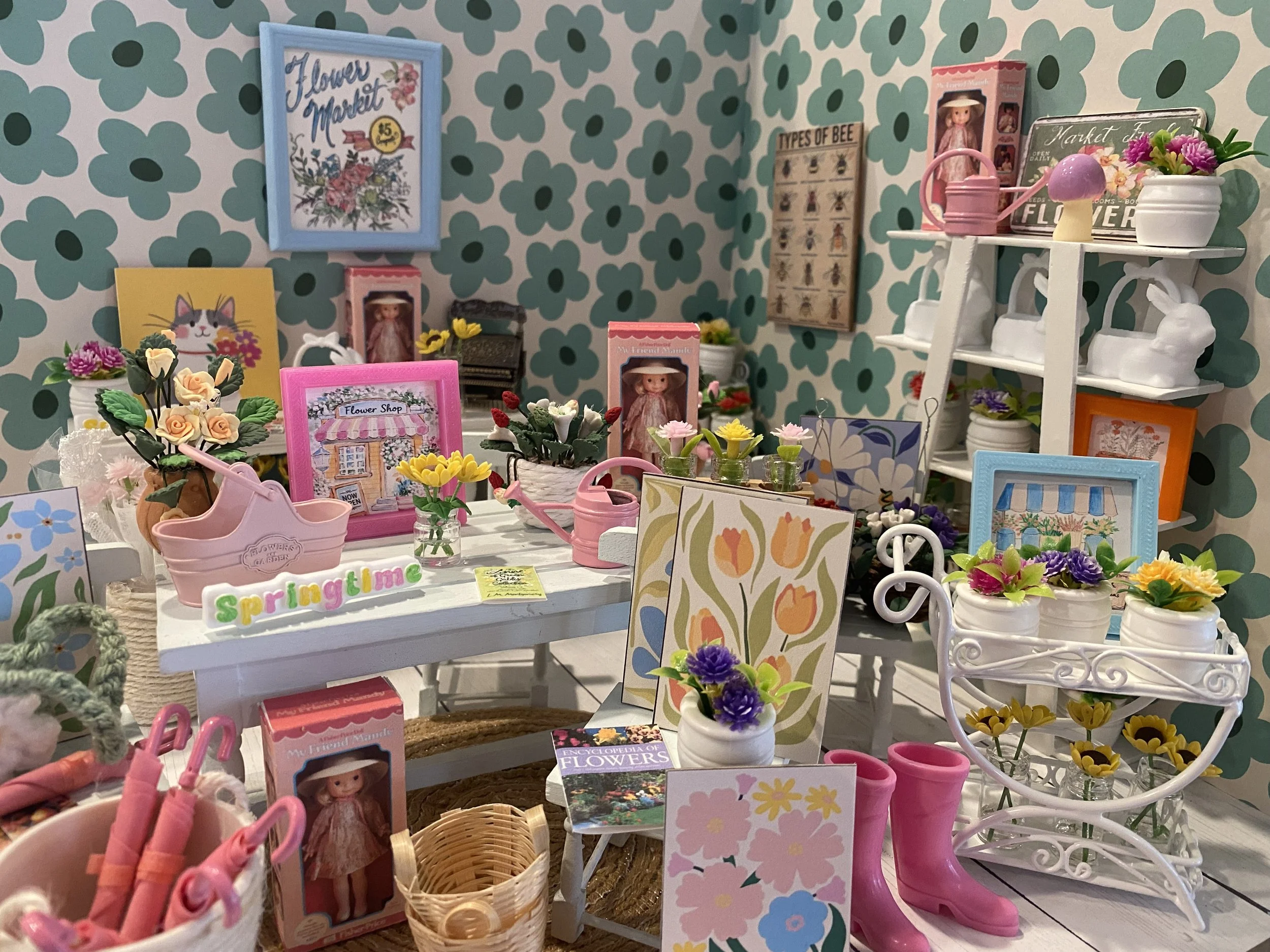 Miniature Spring Flower Shop, Daisy's Dollhouse Flower Cart & Accessories, 1:12