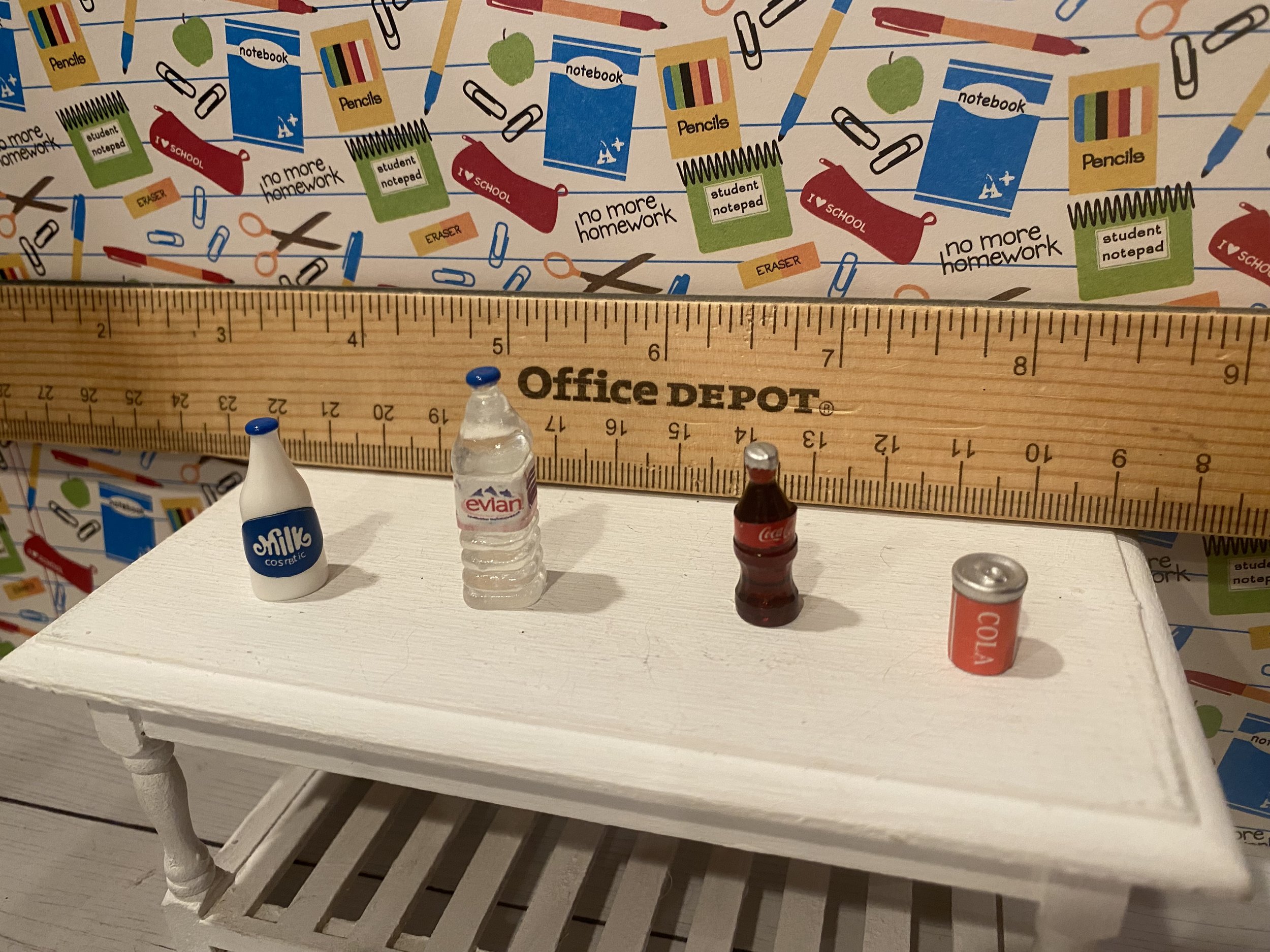 Miniature Bottle of Milk, Water, Bottle of Soda, Can of Soda, 1:12